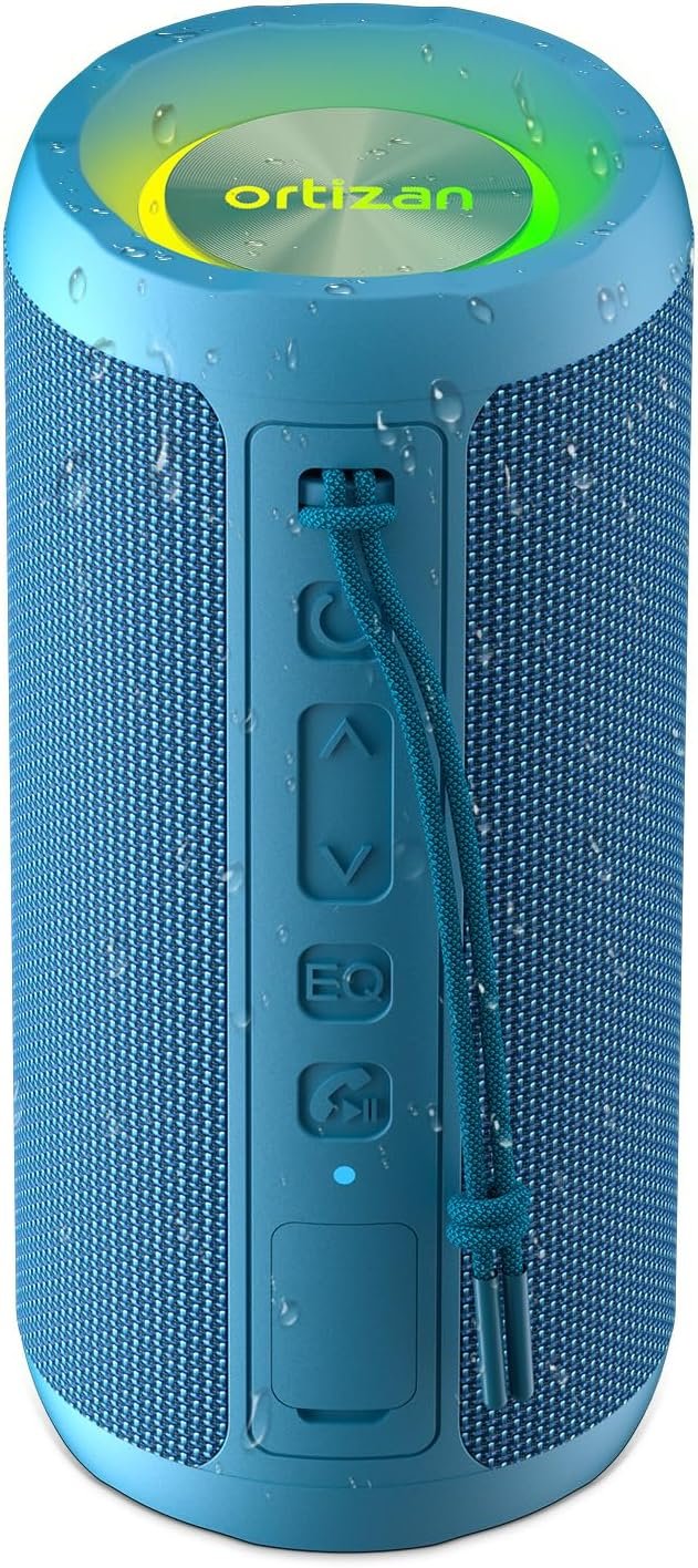 Ortizan Wireless Portable Bluetooth Speaker, IPX7 Waterproof, Dustproof and Rustproof, Powerful 24W Sound, Enhanced Bass, 30-Hour Battery, 360° Party Light, and Stereo Pairing (BT 5.3), Gifts – Blue