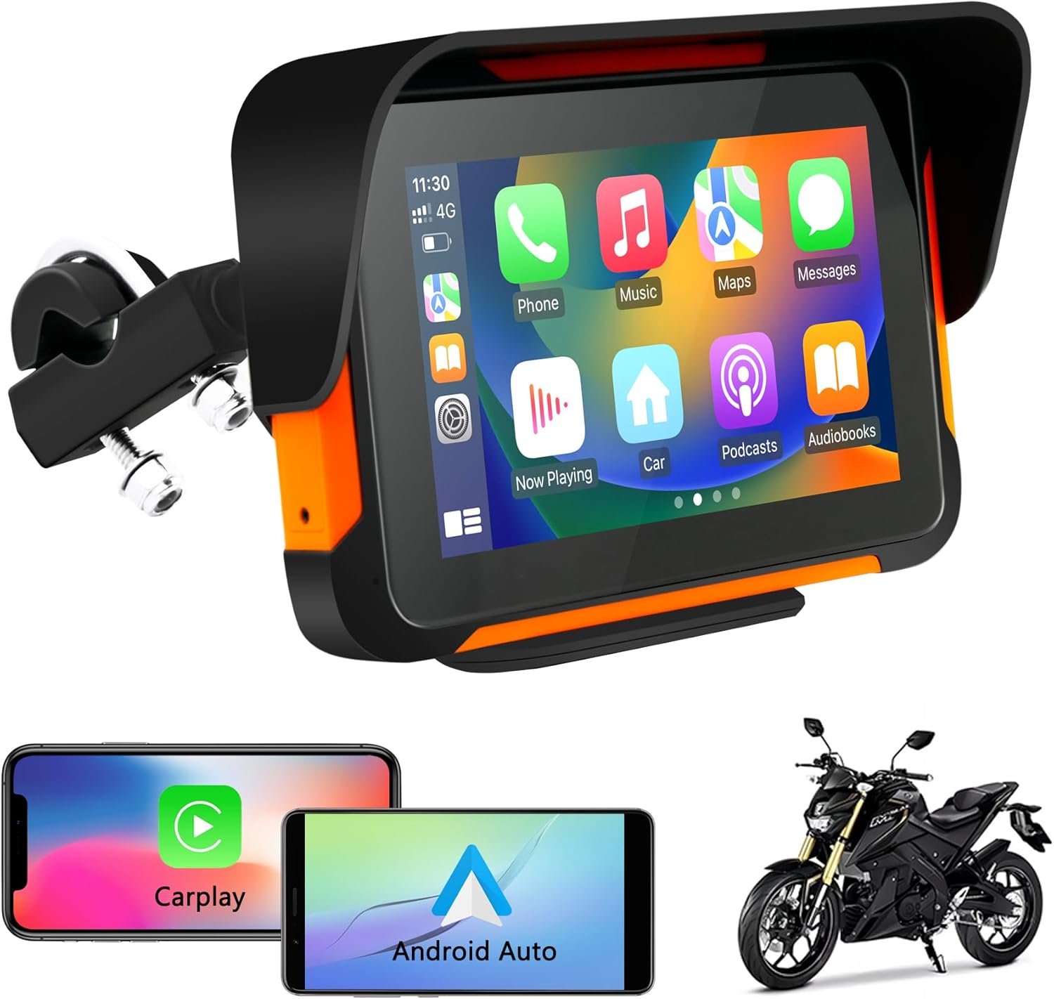 Car Stereo for Motorcycle, Universal Motorbike Wireless CarPlay & Android Auto GPS Navigation Dual Bluetooth, 5 Inch IPS Touchscreen Waterproof & Dustproof IP67 Navigator EQ System Voice Control