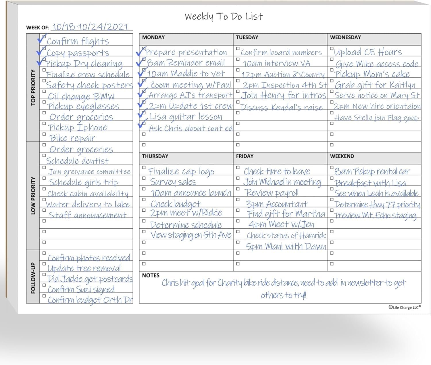 Life Charge Weekly To Do List Planner Notepad, 60 Page Task Planning Pad with Daily Checklist, Priority To-Do Checkboxes & Notes, Desk Notebook for Office Organization & Productivity, 11 x 8.5