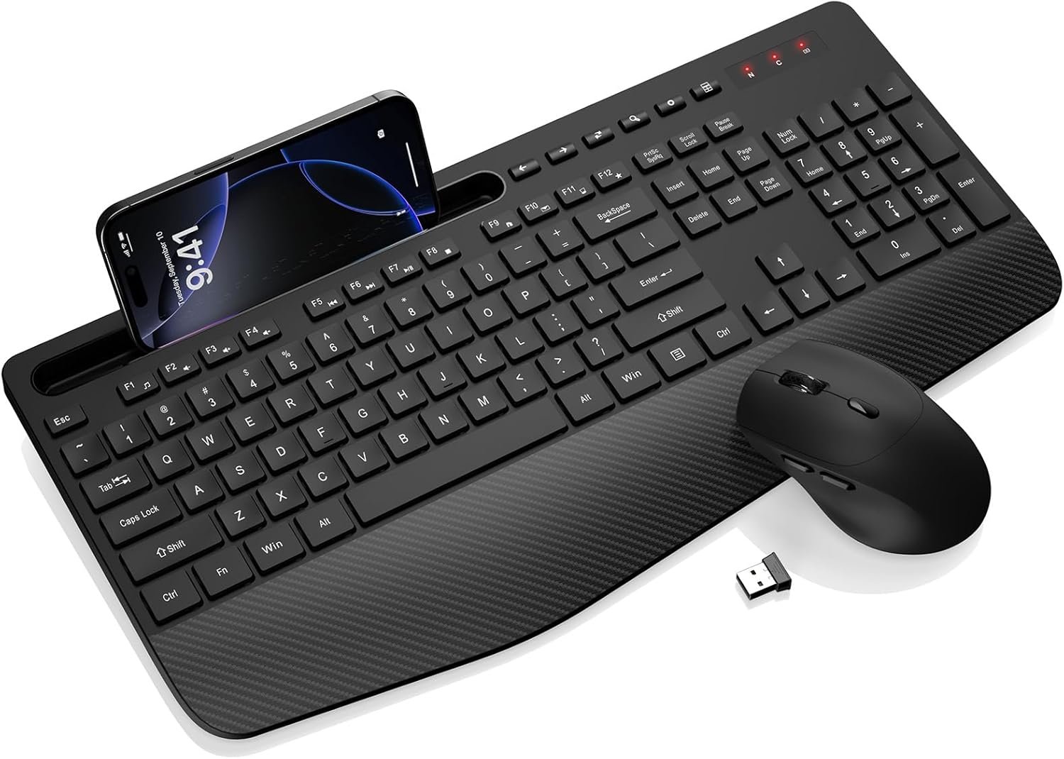 Wireless Keyboard and Mouse Combo – Full-Sized Ergonomic Keyboard with Wrist Rest, Phone Holder, Sleep Mode, 2.4G Quiet Keyboard for PC Laptop, Complete Work Setup for Office or Home -Trueque KM23