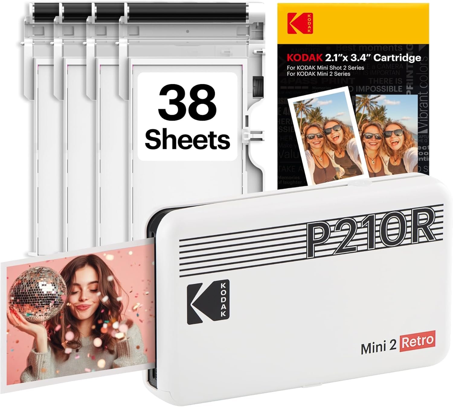 KODAK Mini 2 Retro 2×3 Portable Photo Printer, 38 Sheets, Bluetooth Smartphone Printer for iPhone & Android, Instant Color Prints, 4PASS Dye Sublimation, White