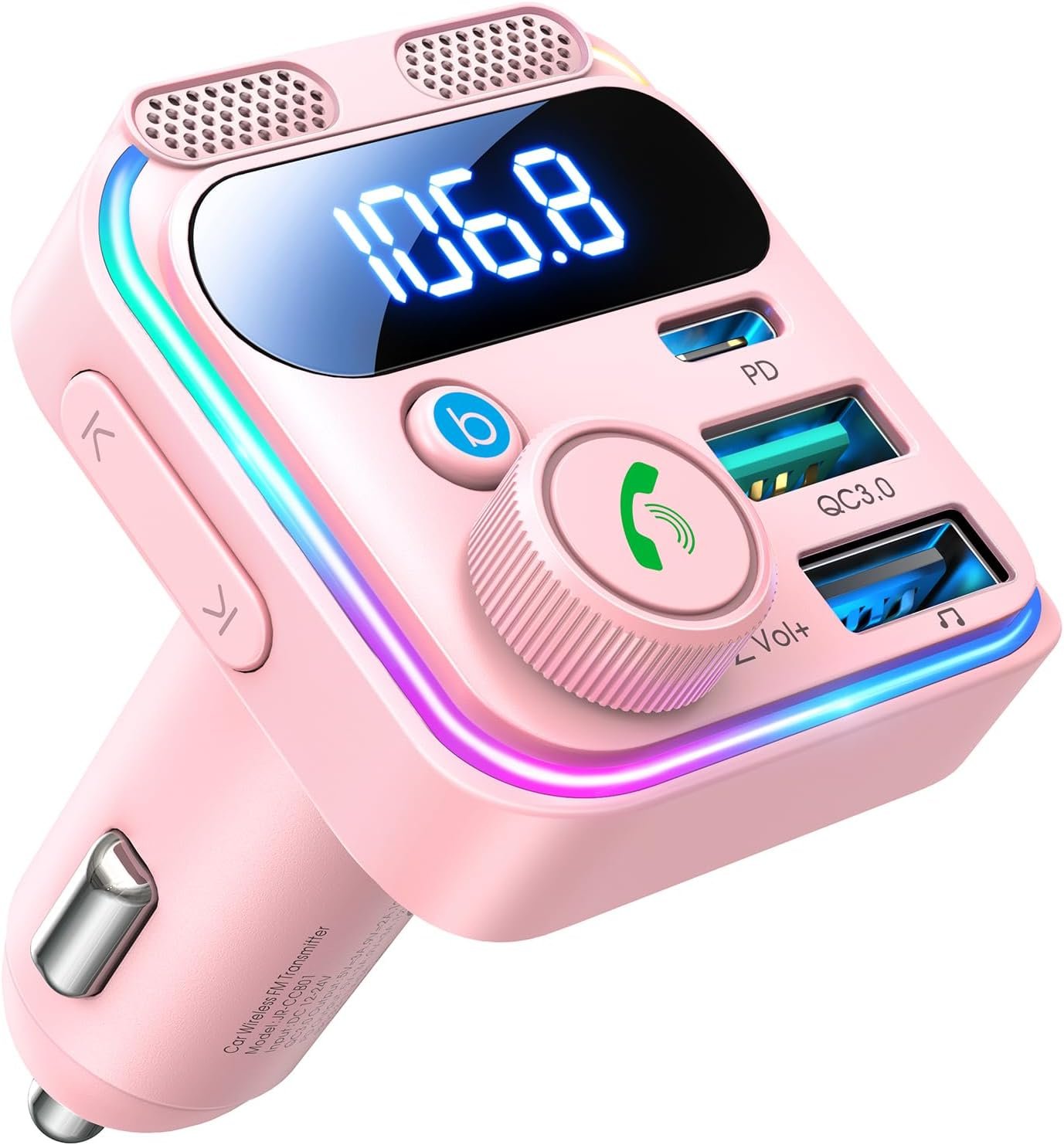 JOYROOM Bluetooth 6.0 Car Adapter FM Transmitter 81W Fast Charging Cigarette Lighter Hands-Free Calling Support USB Drive, Pink