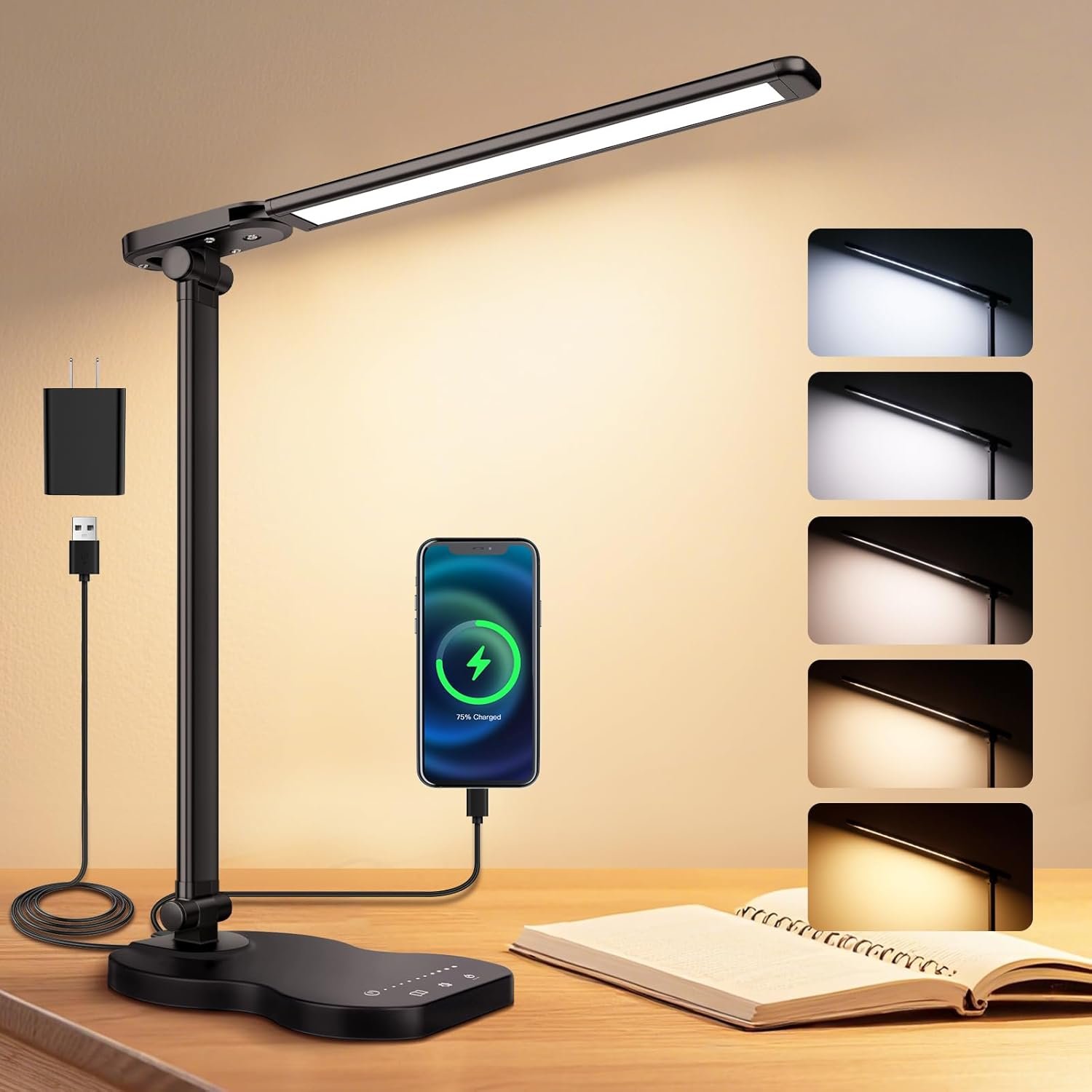 Desk Lamps for Home Office, Dimmable LED Desk Lamp, 5 Color Modes, 10 Brightness, Touch Desk Light with USB Charging Port for Nail Craft Puzzle Sewing Study – Black