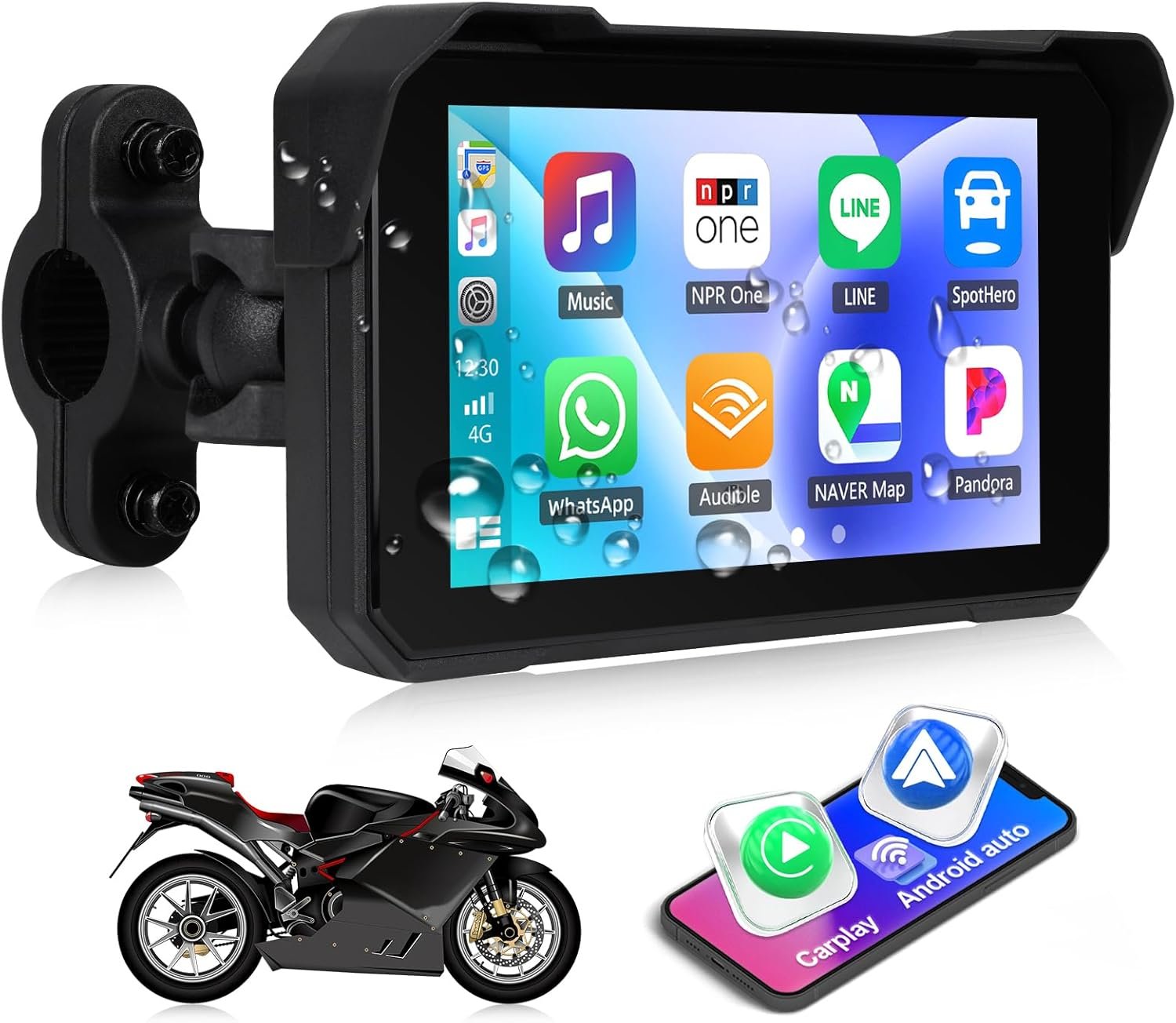 CAMECHO Motorcycle Carplay Screen, Wireless CarPlay Android Auto for Moto, 5″ Waterproof Touchscreen Portable Car Stereo Support Dual Bluetooth, Siri, Google Assistant