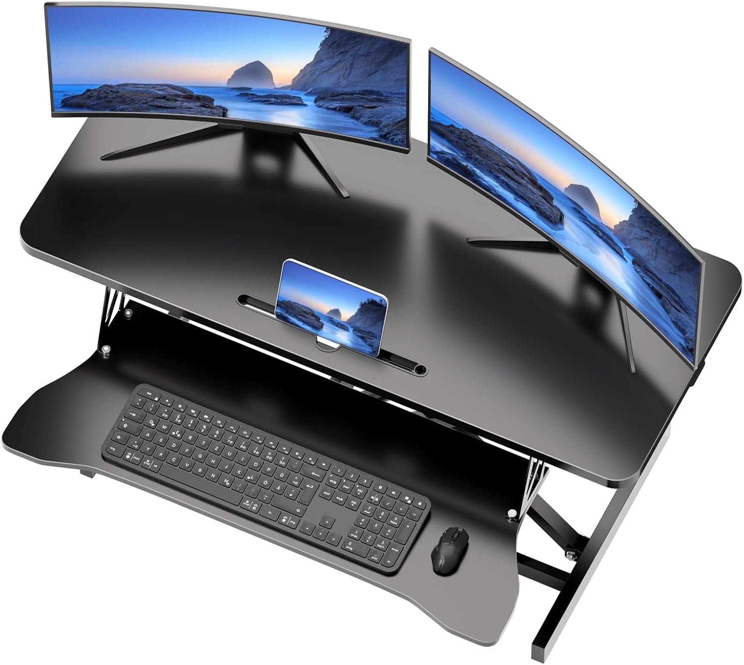 32″ Stable Standing Desk Converter, Height Adjustable Sit to Stand Up Desk Riser with Keyboard Tray for Home or Office, Wide 2-Tier Desktop, Dual Monitor and Computer Workstation, Black