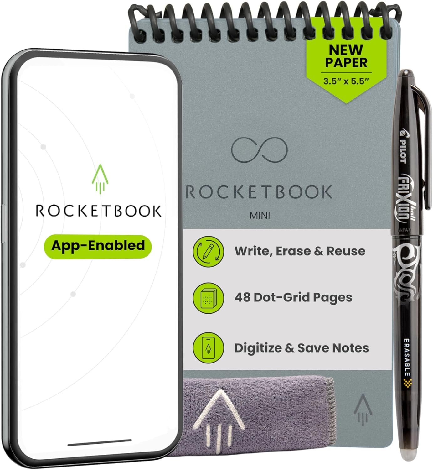 Rocketbook Mini Reusable Smart Notepad, Pocket Size Notebook 3.5×5.5, Gray – Dotted Pages, App-Connected, Erasable, Ideal for On-The-Go List Taking & Quick Notes Anywhere