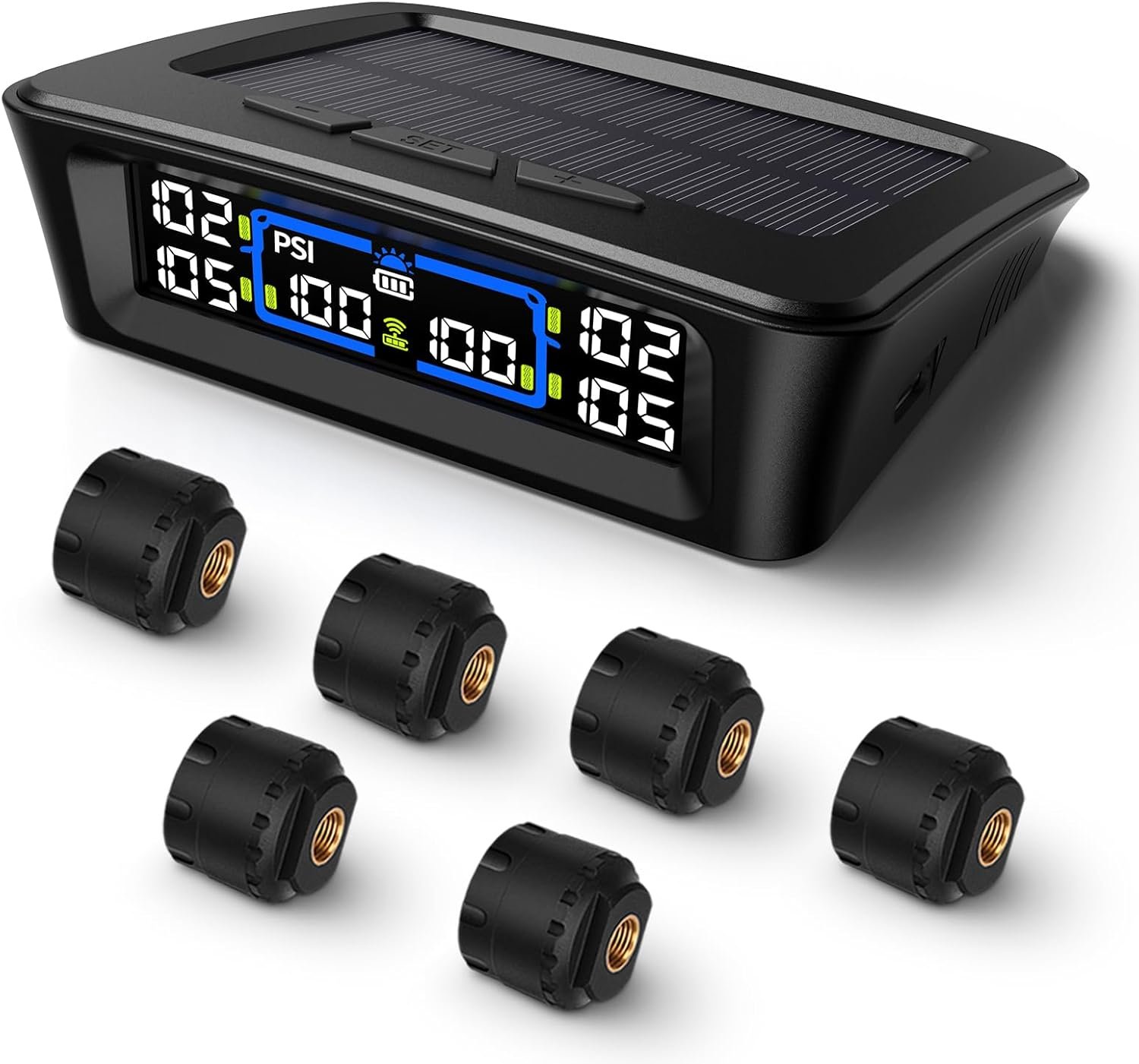 Tymate TM12 RV Tire Pressure Monitoring System, TPMS with USB/Solar Charge, 2026 Latest Version, Set of 6 Sensors(Max. 12), 6 Alarm Modes, 50ft Range, 0-144PSI for RV/Truck/SUV/Towing Medium Trailer