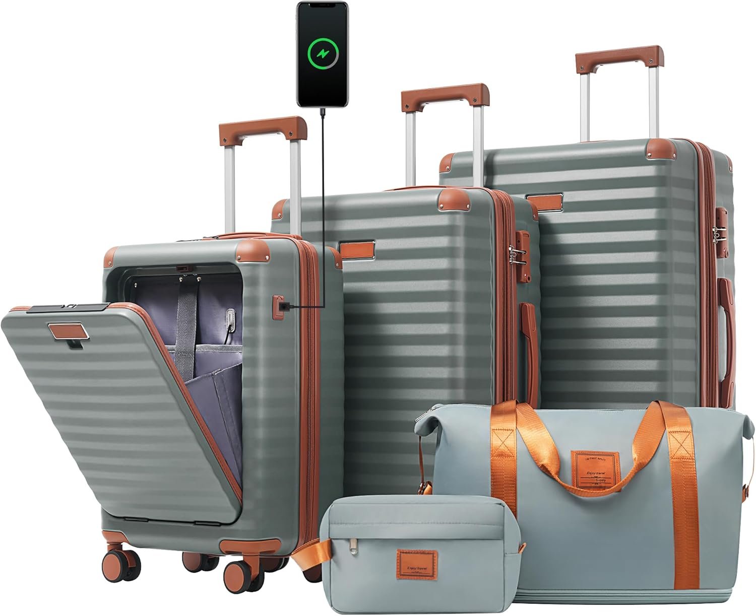5 Piece Luggage Set, Front Opening Expandable ABS Suitcase with USB Port TSA Lock, 20/24/28 Inch Carry On Luggage Set with Toiletry Bag & Attachable Duffel Bag, Grey Green