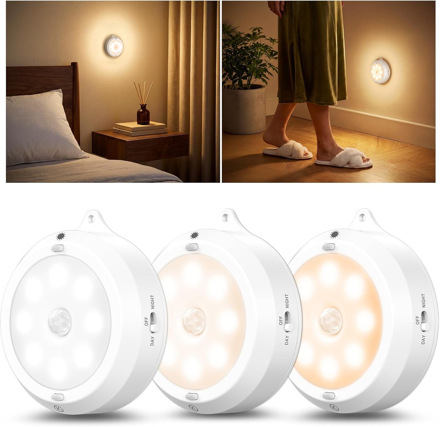 YiaMia Motion Sensor Night Light – 3 Pack, Smart Wireless Closet Lights, 3 Light Colors + Dimming, 3 × AA Battery Operated Indoor Stair Light Suitable for Kitchen, Wardrobe and Hallway