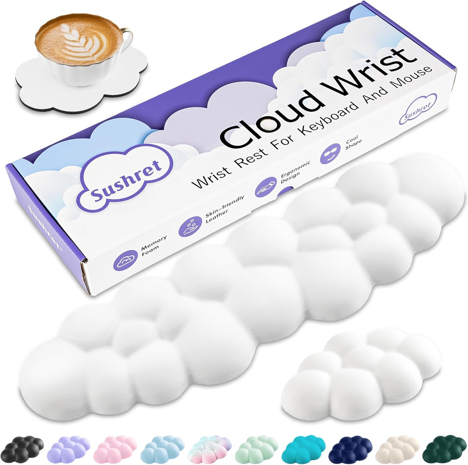 Sushret Cloud Wrist Rest Keyboard, Cloud Keyboard Wrist Pad Set with PU Leather Memory Foam, Cute Arm Rest for Palm Support, PC/Gaming Desk Accessories/Office Setup/Computer Hand Cushion – White