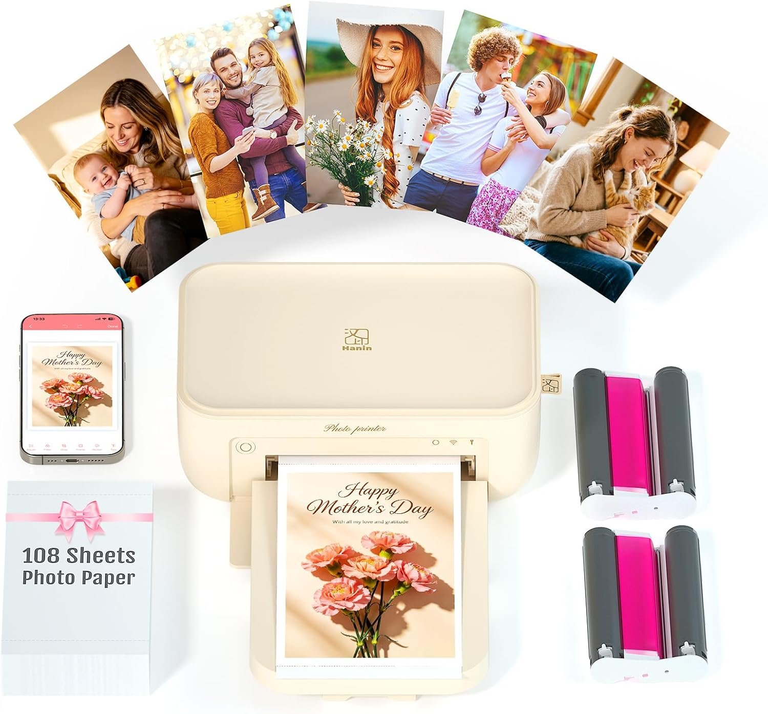 iDPRT 4×6 Photo Printer, Portable Color Picture Printer, Thermal Sublimation Mini Picture Printer, Bundle 108 Sheets Photo Paper & 2 Ribbon Cassette, Photo Printer for iPhone & Android