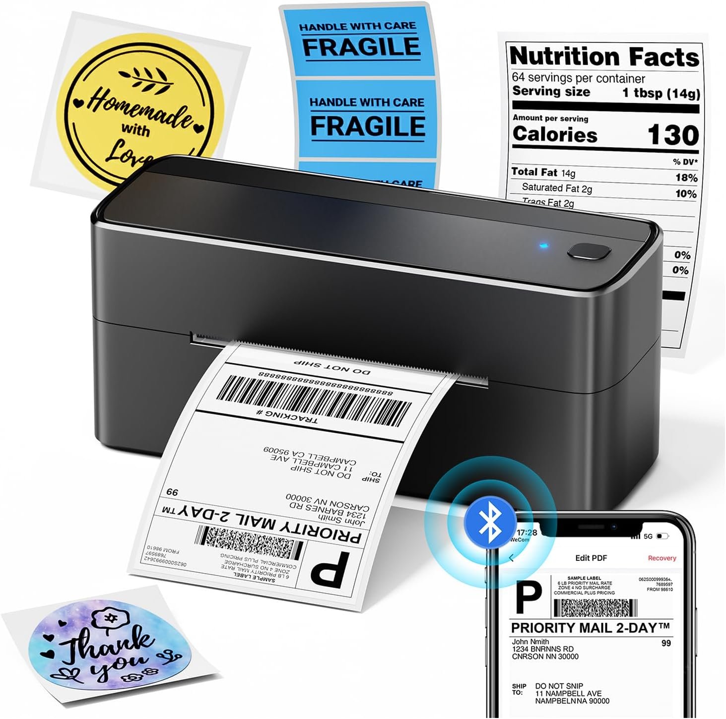 Phomemo Bluetooth Shipping Label Printer, 241BT 4X6 Wireless Thermal Label Printer for Small Business, Labels Printers for Shipping Package, Compatible with iPhone, Android, Amazon, Shopify, Black