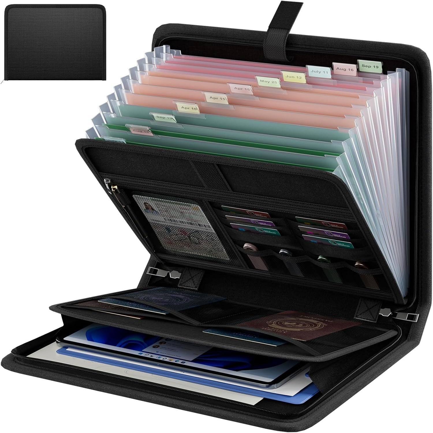 Fireproof Accordion File Organizer, Portable Expanding File Folder with Waterproof Zipper&Labels, Black Document Organizer with 13 Pockets, File Organizer for Important Document/Paper Storage