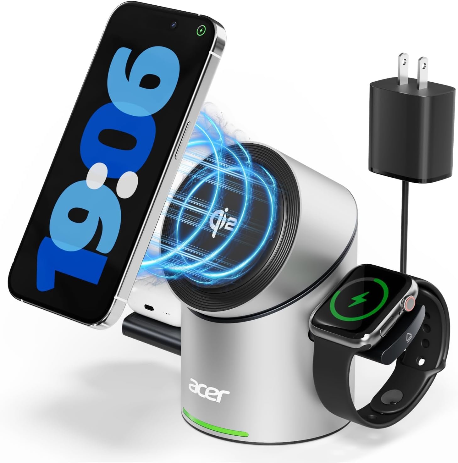 Acer Prime 3 in 1 Charging Station for Apple – Magnetic iPhone Wireless Charging Station, Magsafe Charger Stand for iPhone 17 16 15 14 13 12 – Apple Watch – Airpods Series (Charger & USB-C Included)