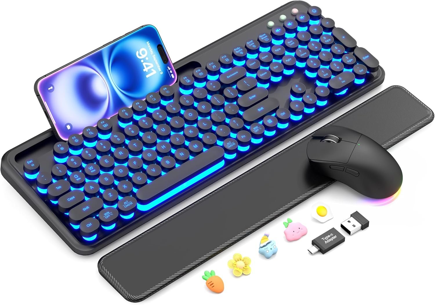 Wireless Keyboard and Mouse Combo – Backlit Typewriter Keyboard with Magnetic Wrist Rest & Phone Holder, Light Up Round Keycaps, 2.4GHz Cordless Set for Mac, Windows, PC, Laptop, SABLUTE