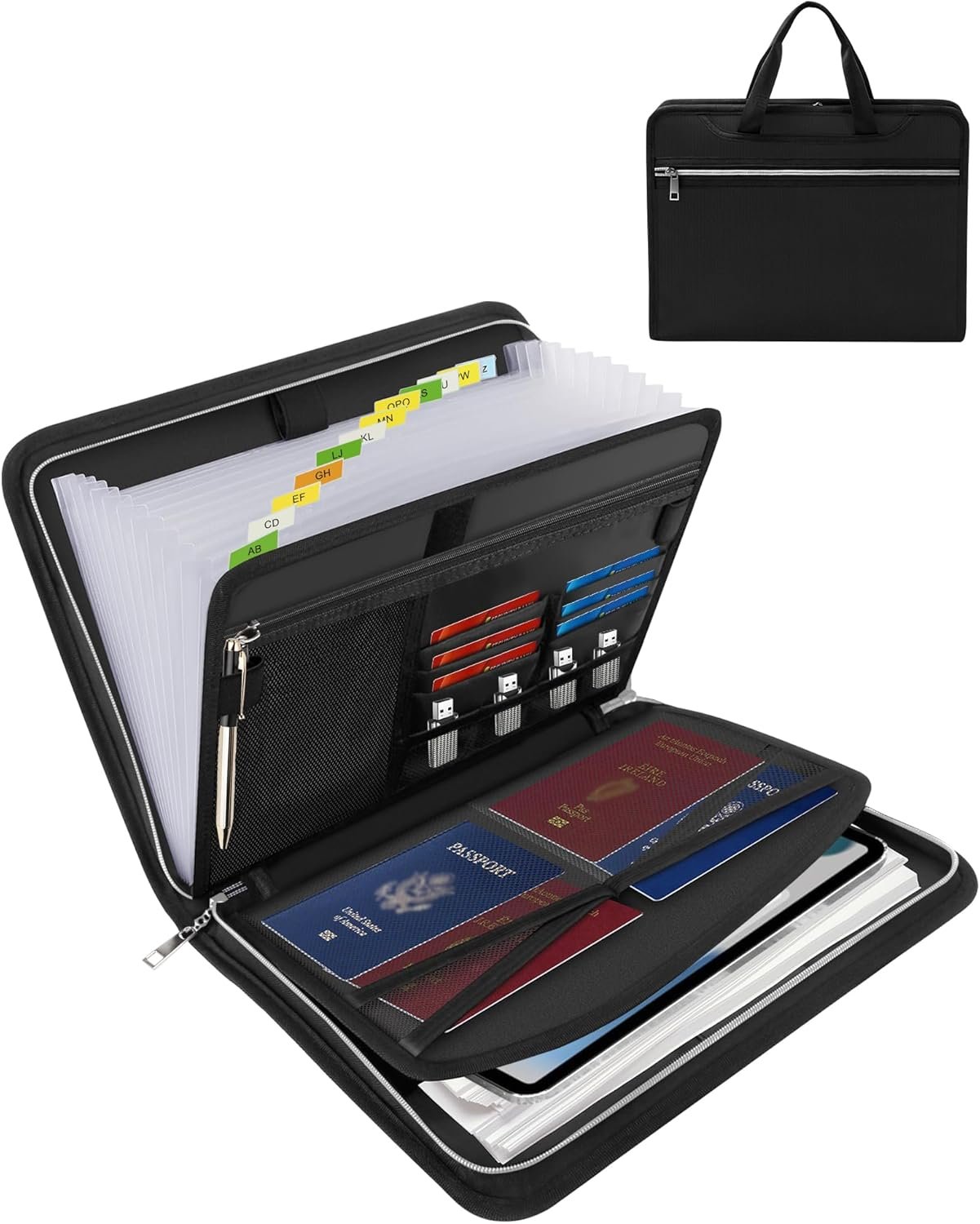 Fireproof Important Document Organizer Folio Folder – Expanding Accordion File Organizer with 13 Pockets, Handle & Labels, Portable Travel Safe for Home, A4, Letter, Portfolio Files