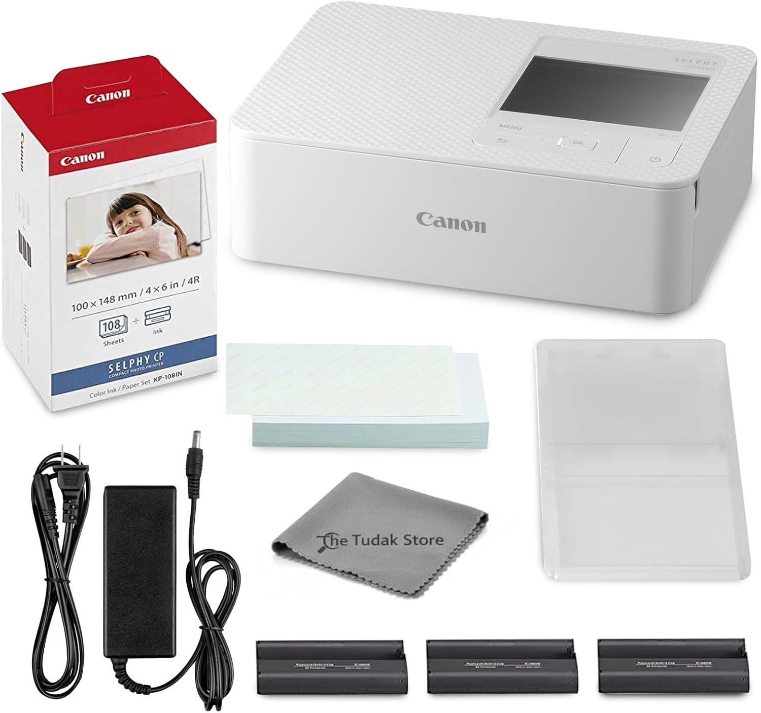 Canon Selphy CP1500 Photo Printer Bundle (White) with KP-108 Paper (108 Sheets) 3 Color Ink Cartridges & Tudak Cleaning Cloth – Wireless Compact Dye-Sub Printer Kit