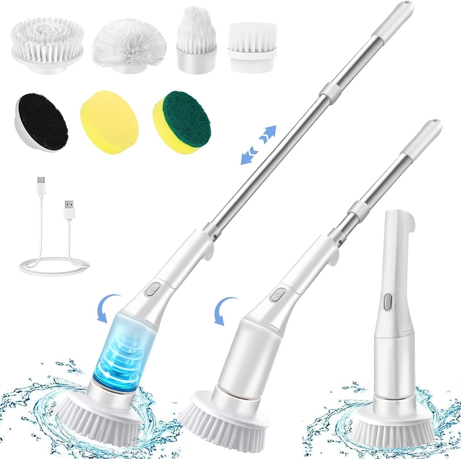 Electric Spin Scrubber, Brush Head Angle Adjustable, Shower Brush, Cordless Cleaning Brush IPX6 Waterproof, 6 Replaceable Brush Heads, Extendable Handle, 2 Speed, for Bathroom, Tile, Kitchen, Car