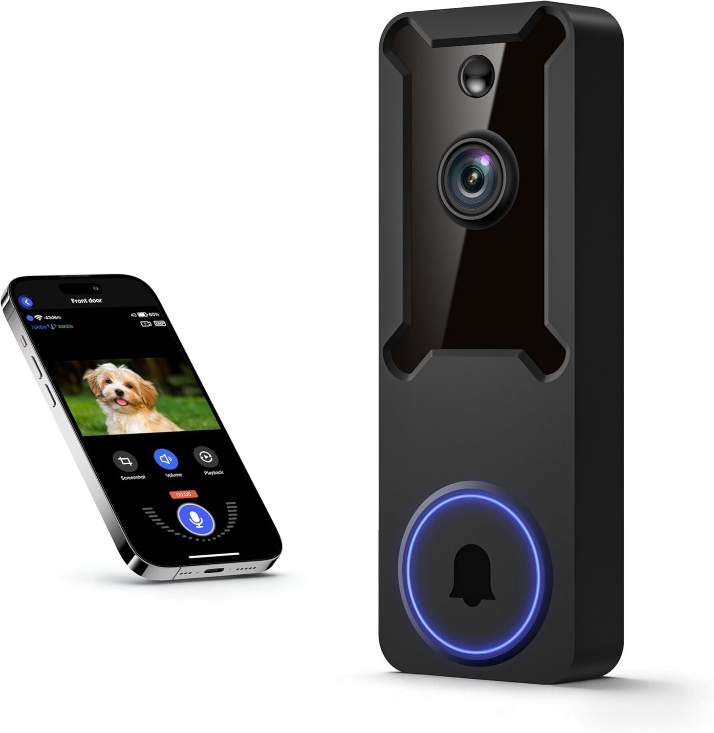 1080p Wireless Wi-Fi Video Doorbell Camera with AI Human Motion Detection, Battery Powered, 2.4G WiFi, Dog Monitor, Night Vision, 2 Way Talk, Cloud Storage (Sold Separately)
