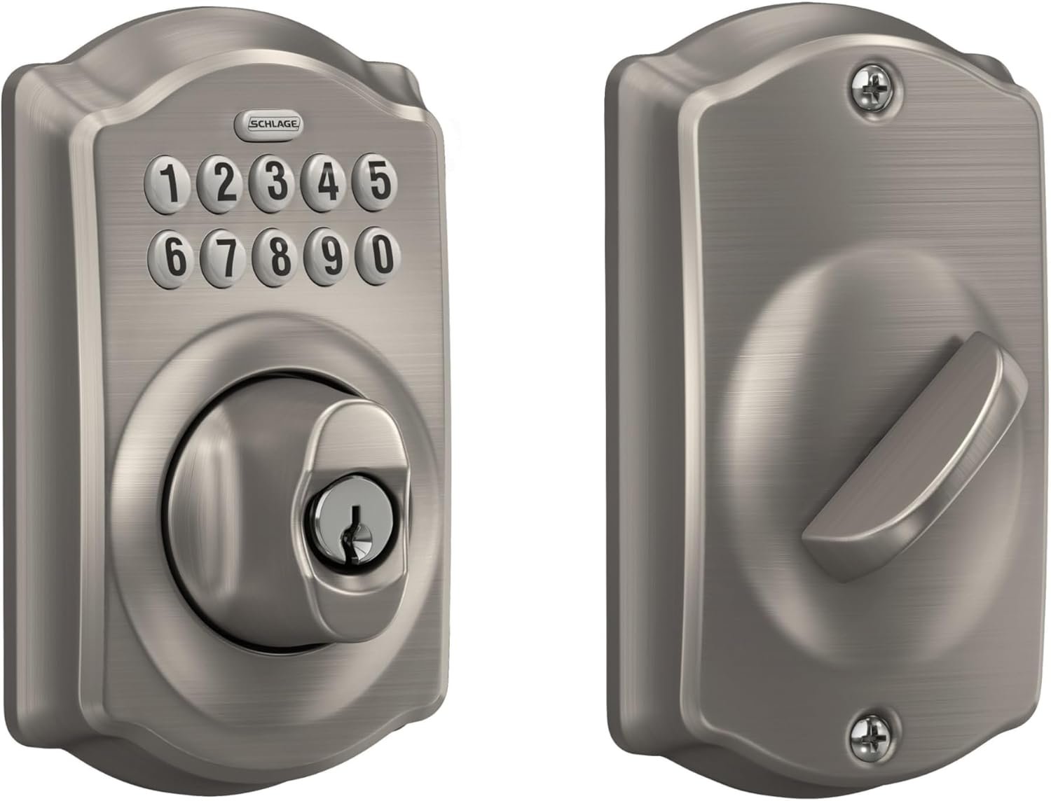 Schlage Camelot Electronic Keypad Deadbolt Lock, Keyless Front Door Entry, Mechanical Key Backup Included, Satin Nickel, BE365 V CAM 619