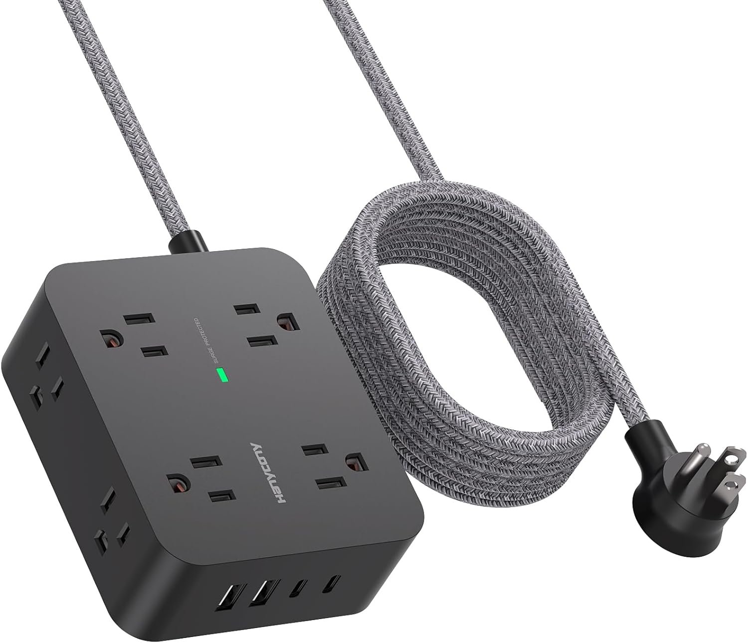 Power Strip Surge Protector 10 Ft Cord, HANYCONY Extension Cord Flat Plug with 8 Outlets 4 USB Ports(2 USB C), Wall Mount, Desk Charging Sation for Home Offcie