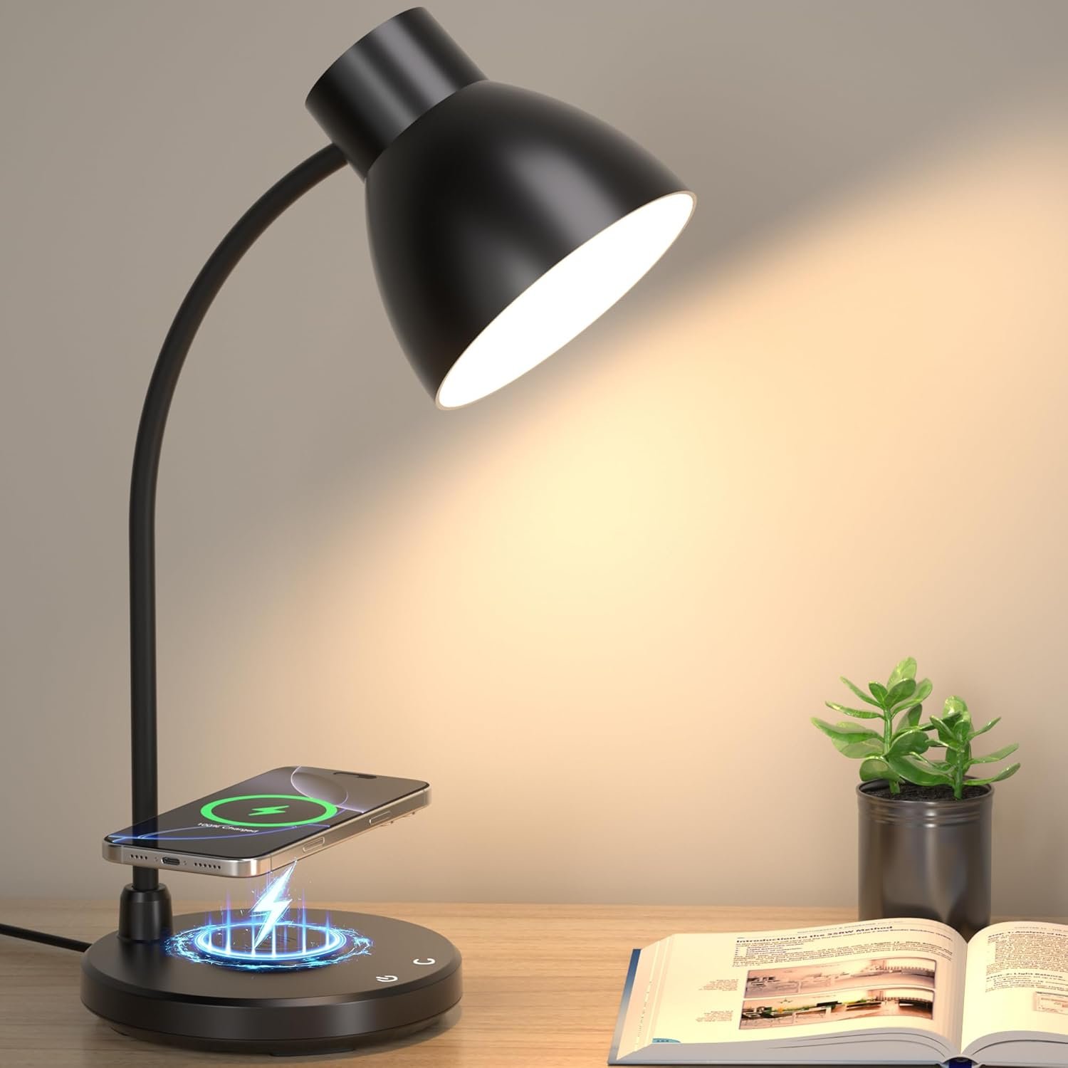 Desk Lamps for Home Office – LED Desk Lamp with Wireless Charger, 3 Color Modes Dimmable Eye-Caring Study Reading Desk Light, Small Flexible Arm Table Lamp for College Dorm Room Bedside, Black