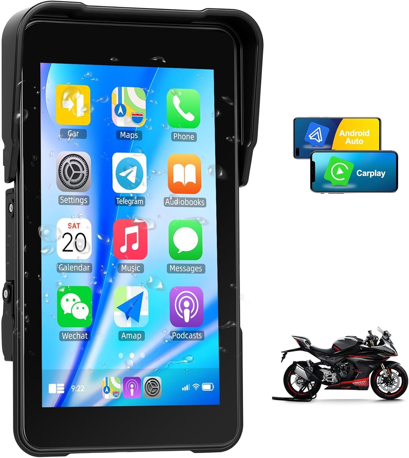 SIXWIN Portable Motorcycle GPS Navigation, Wireless Motorcycle Apple Carplay & Android Auto, 5″ HD Touch Screen with Tyre Pressure Detection, Siri & Google Assistant, IP68 Waterproof
