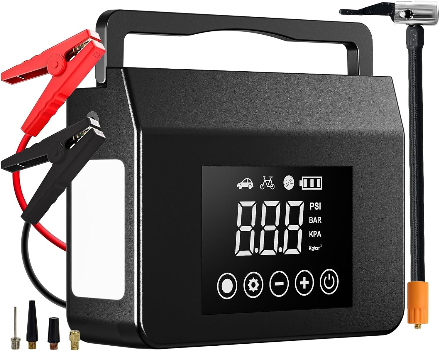 Hieha 4000A Jump Starter with Air Compressor, 12V Portable Car Battery Charger, 150PSI Tire Inflator, 15000mAh Power Bank, LED Flashlight for All Gas 8.0L & Diesel 7.0L Vehicles