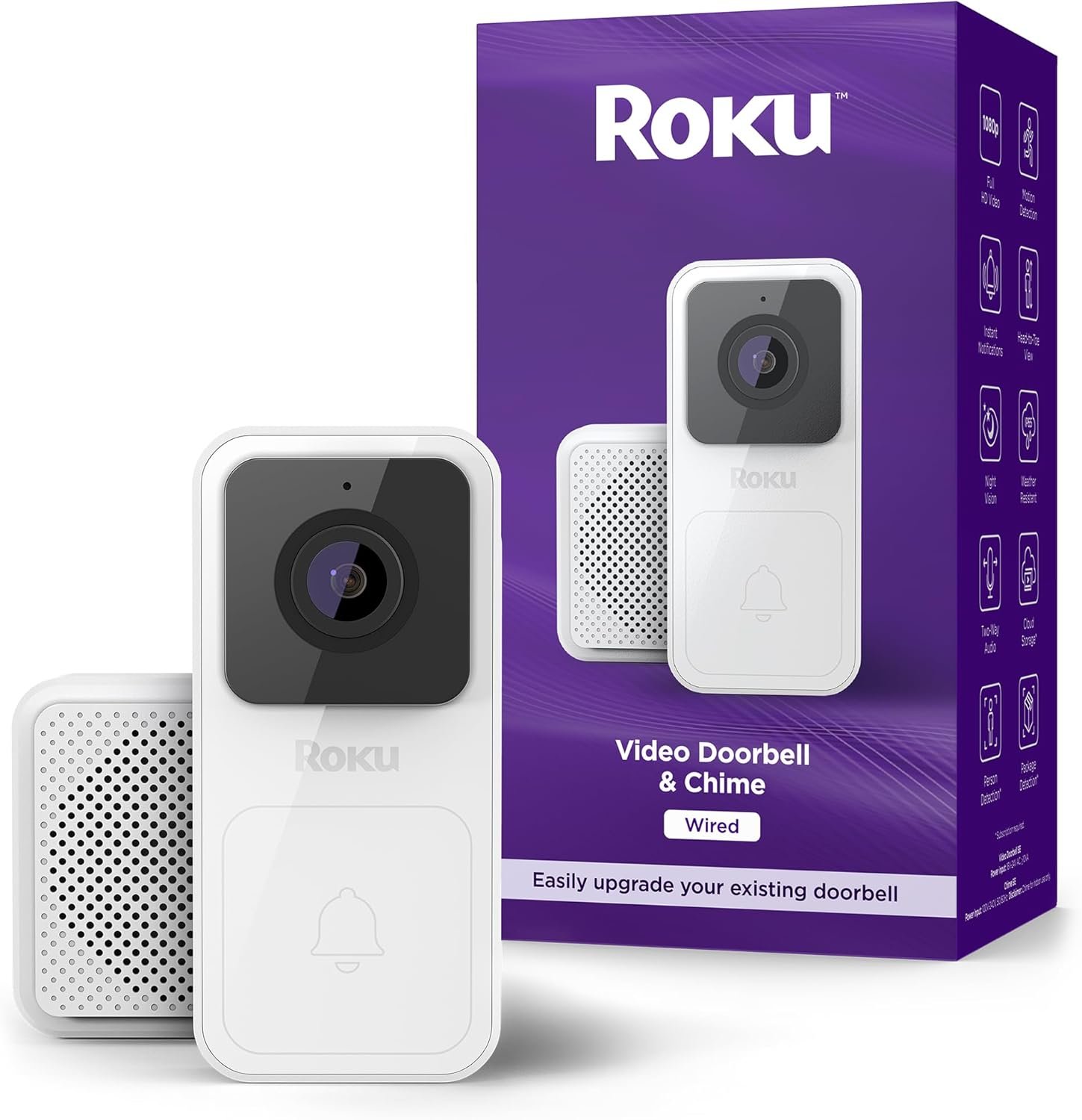 Roku Smart Home Wired Video Doorbell & Chime – 1080p HD Night Vision Ultrawide View Doorbell Camera with Motion & Sound Detection, 2-Way Audio & Compatible with Alexa & Google (Renewed)