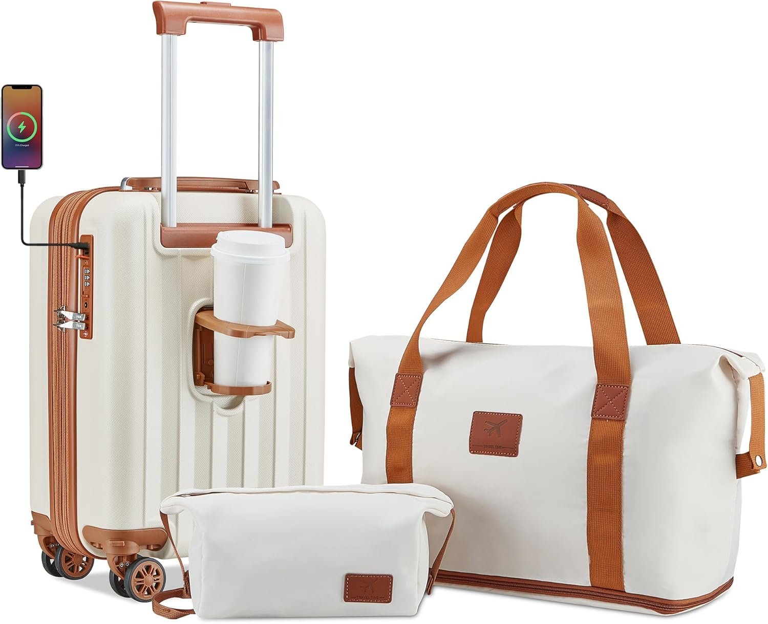 imiomo Carry on Luggage 18 Inch Suitcases with Wheels, Expandable Carry on Suitcase with USB Port and Cup Holder, Hardside Travel Luggage Set with TSA Lock, Beige Brown