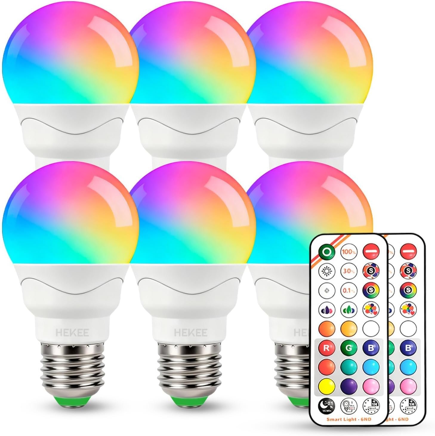 HEKEE Color Changing Light Bulbs, 40W Equivalent, 3CCT, 9 Colors, 5 Dynamic Color Modes, Sleep Mode, Timer A15, 5W, 500lm E26 Screw with Remote Controls(6 Packs)