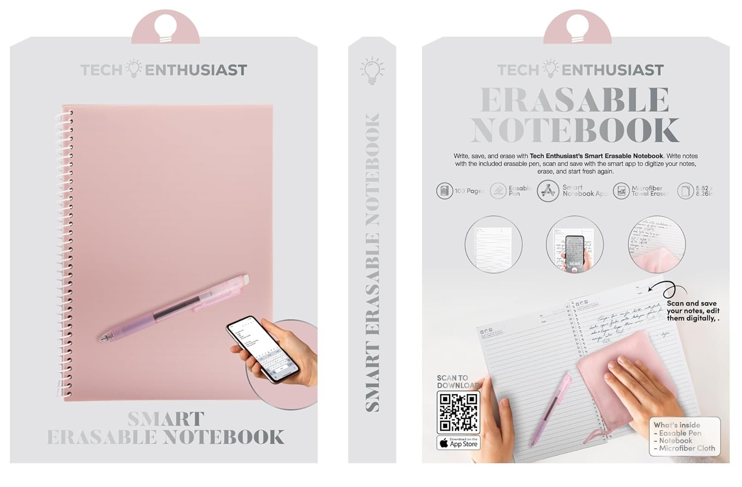Tech Enthusiast Smart Erasable Notebook, Reusable with App, Includes Erasable Pen, Microfiber Cloth, 100 Pages