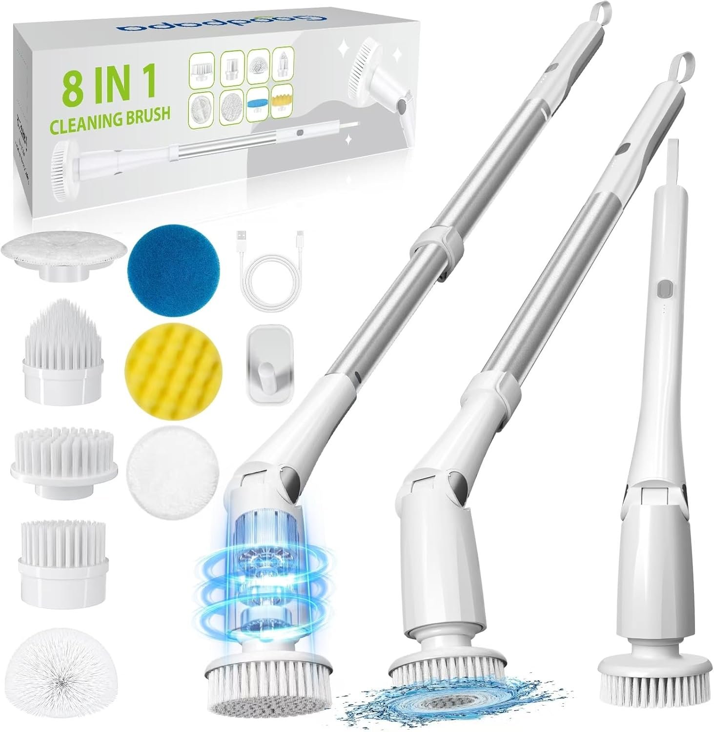 Electric Spin Scrubber, Cordless Cleaning Brush with 8 Replaceable Cleaner Brush, Power Shower Scrubber with Long Handle, Electric Scrubber for Cleaning Floor Bathroom Bathtub Tile