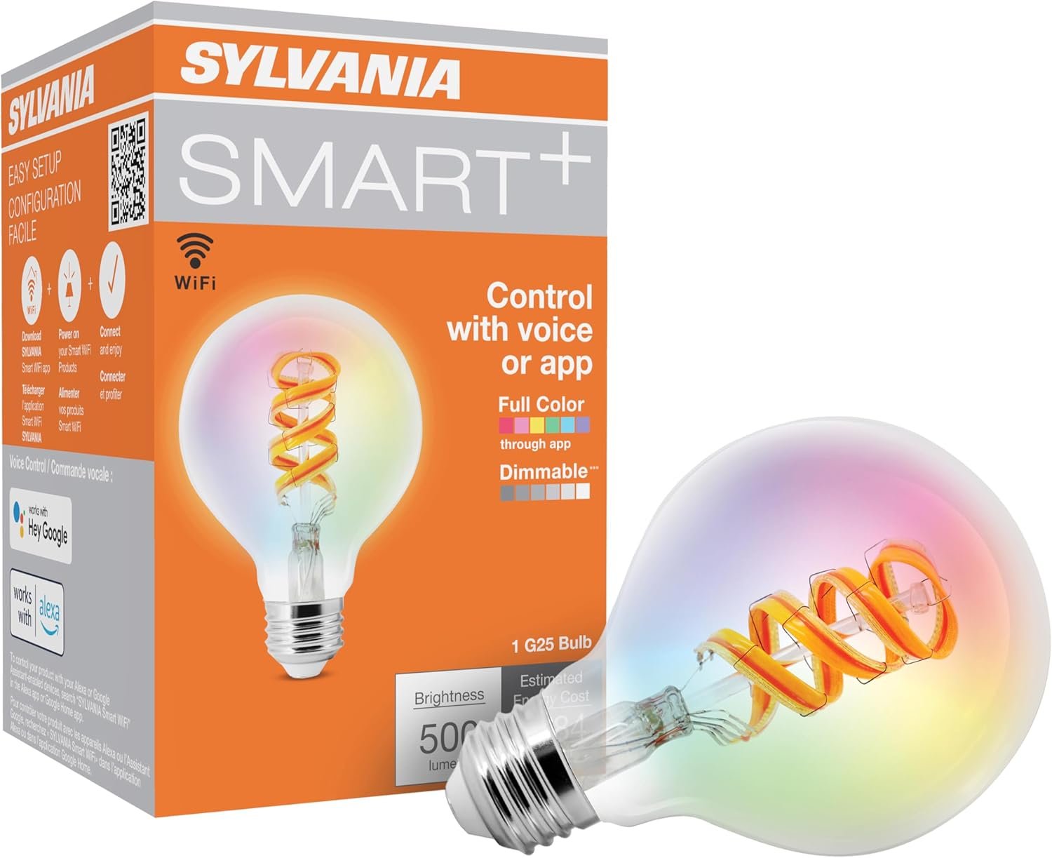 Sylvania WiFi LED Smart G25 RGBW Color and Amber Finish Filament Light Bulb, 7W Efficient, for Alexa/Google Assistant, 2000K, No Hub Required, Clear – 1 Pack (75808)