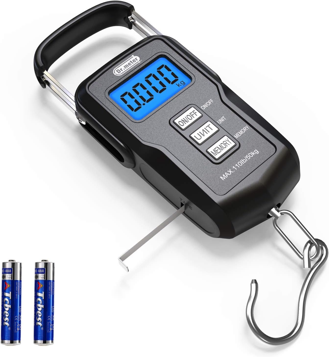 Dr.Meter Fish Scale Backlit LCD Display FS01: 110lb/ 50kg Digital Luggage Scale with Storage Function Numerical Comparison, Built-in Measuring Tape, Batteries Included – Fishing Gifts for Men