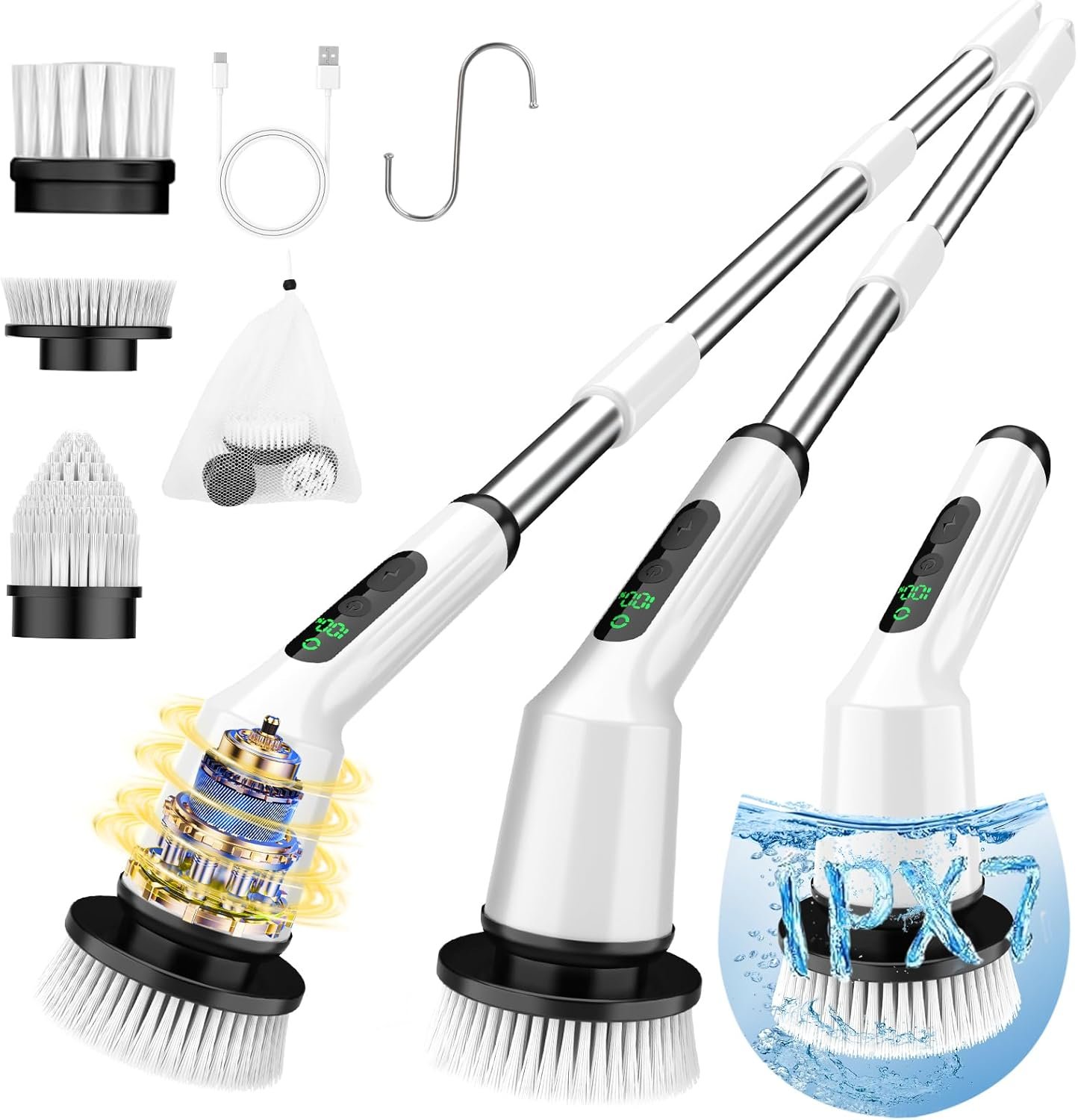 Electric Spin Scrubber for Cleaning Bathroom, Shower Scrubber Cordless Cleaning Brush with IPX7 Waterproof & 2 Speed, 3 Brush Heads, Bathroom Cleaning Supplies for Shower Tub Kitchen Tile Toilet White