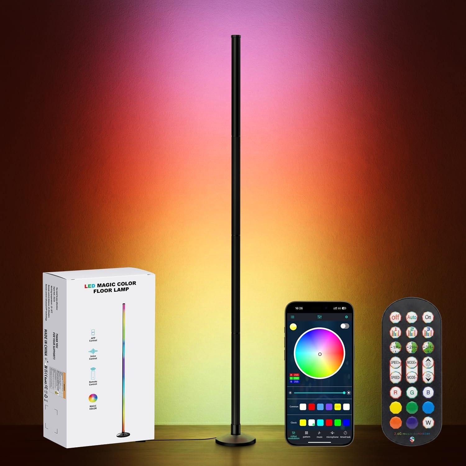 Corner Floor Lamp Smart RGB LED Corner Lamp with Music Sync, App and Remote Control Color Changing Ambience Light, Timing for Living Room, Bedroom, Gaming Room