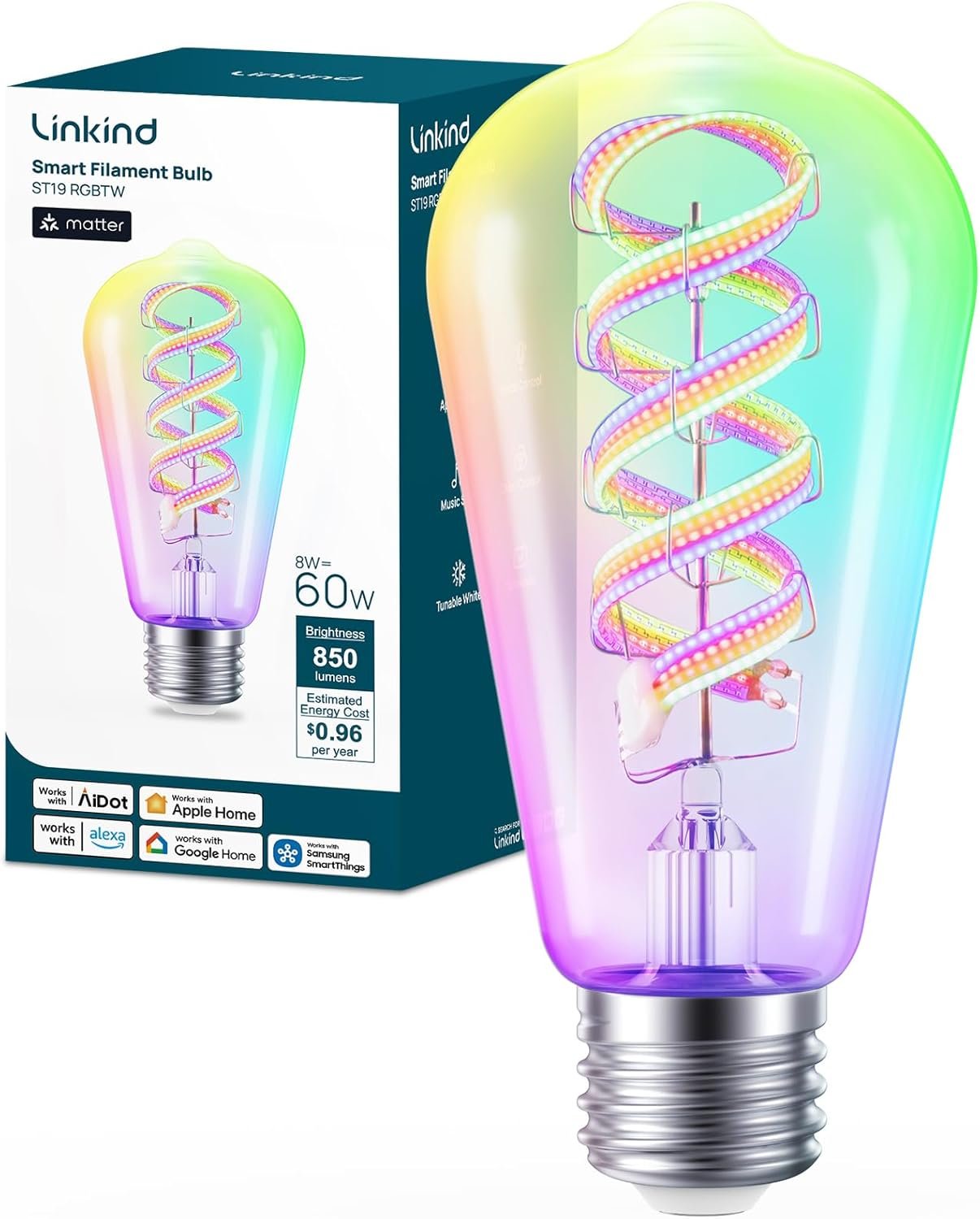 Linkind Matter Smart Bulbs, ST19/ST58 E26 Led Bulb Compatible with Alexa, Smart Light Bulbs, WiFi Bulbs, RGBTW Color Changing Light Bulb, 2.4Ghz WiFi Bulb, 850 LM 1 Pack