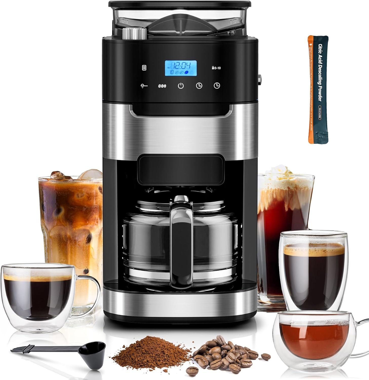 Kismile 10-Cup Digital Drip Coffee Maker with Built-In Grinder, Programmable, 24H Timer, Keep-Warm Function, Customizable Strength & Grind Size, Coffee Machines with Smart LED Touchscreen