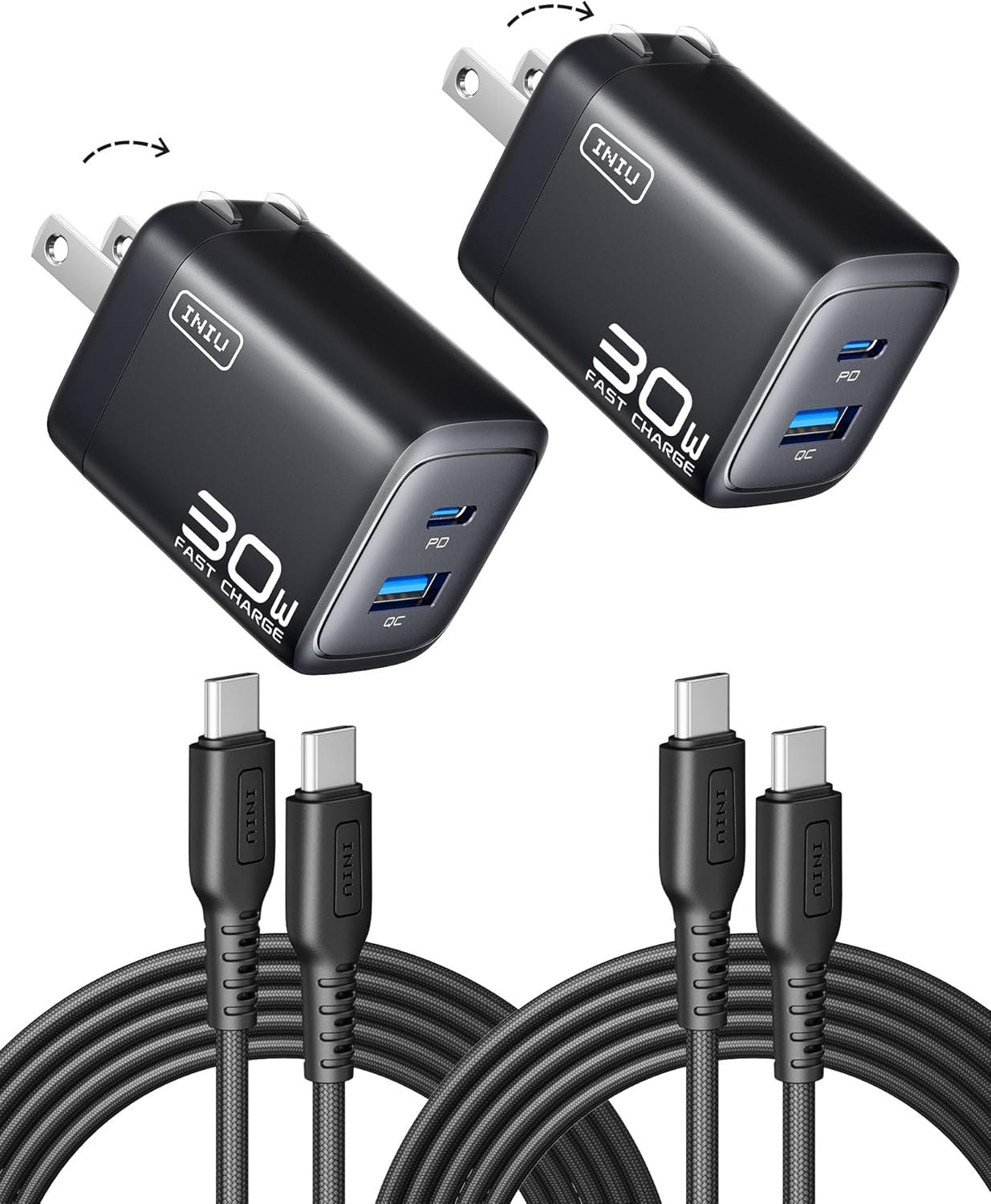 INIU Mini USB C Charger, 30W GaN Fast Charging ETL Certified Wall Adapter Block with Samrt Phone Protection, Dual Port with 5ft Type C Cable for iPhone 17 iPad Samsung Google Pixel Switch etc [2-Pack]