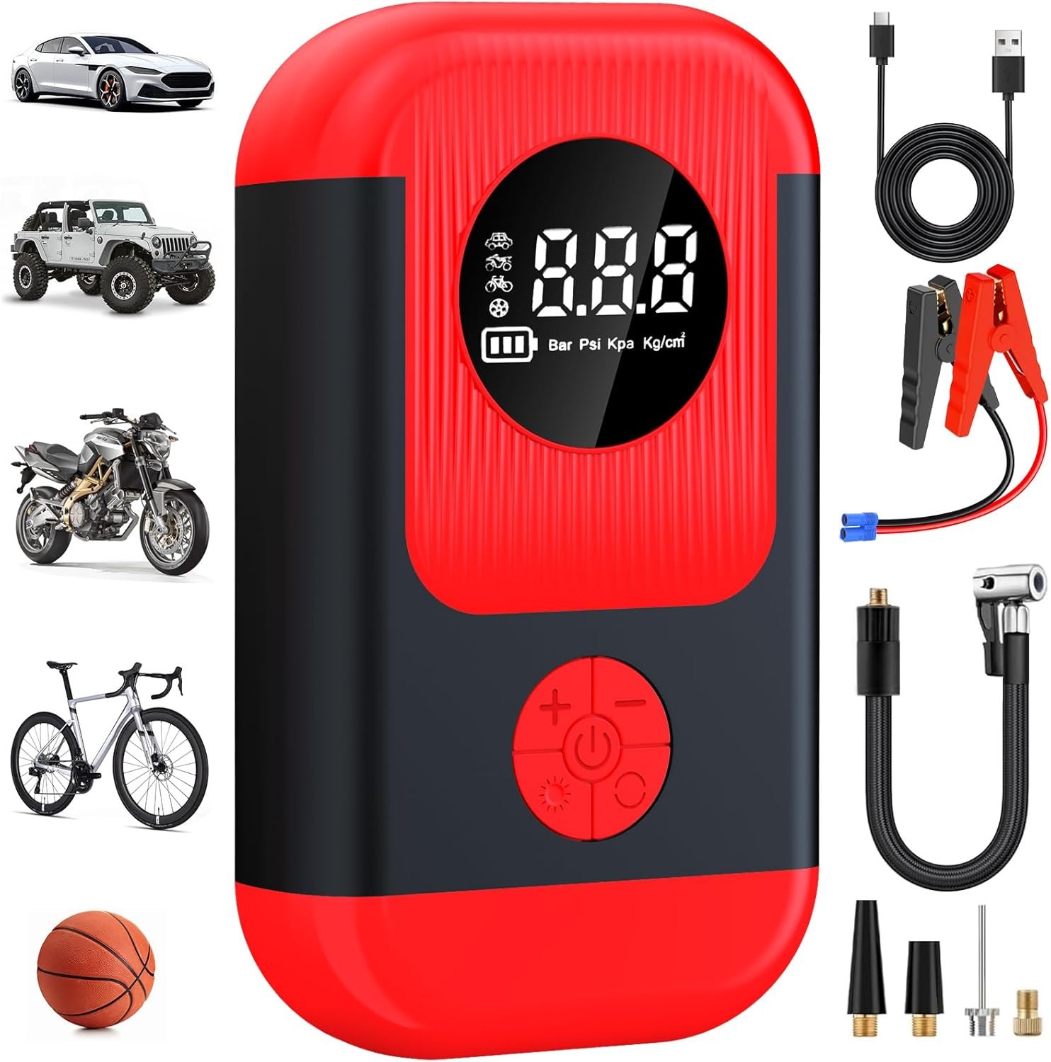 ApexNexus Tire Inflator Portable Air Compressor & Car Jump Starter, Cordless Air Pump with LED Light & Pressure Gauge for Auto,Motorcycles,Bikes,Balls.