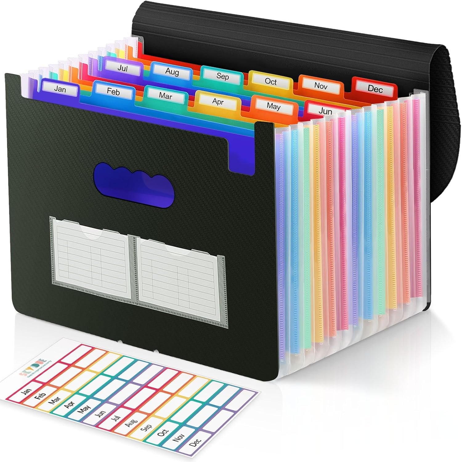 SKYDUE Accordion File Organizer, 12 Pockets File Folders, Letter Size Expanding File Folder with Colored Tabs and Expandable Cover, Portable Bill Receipt Organizer Black