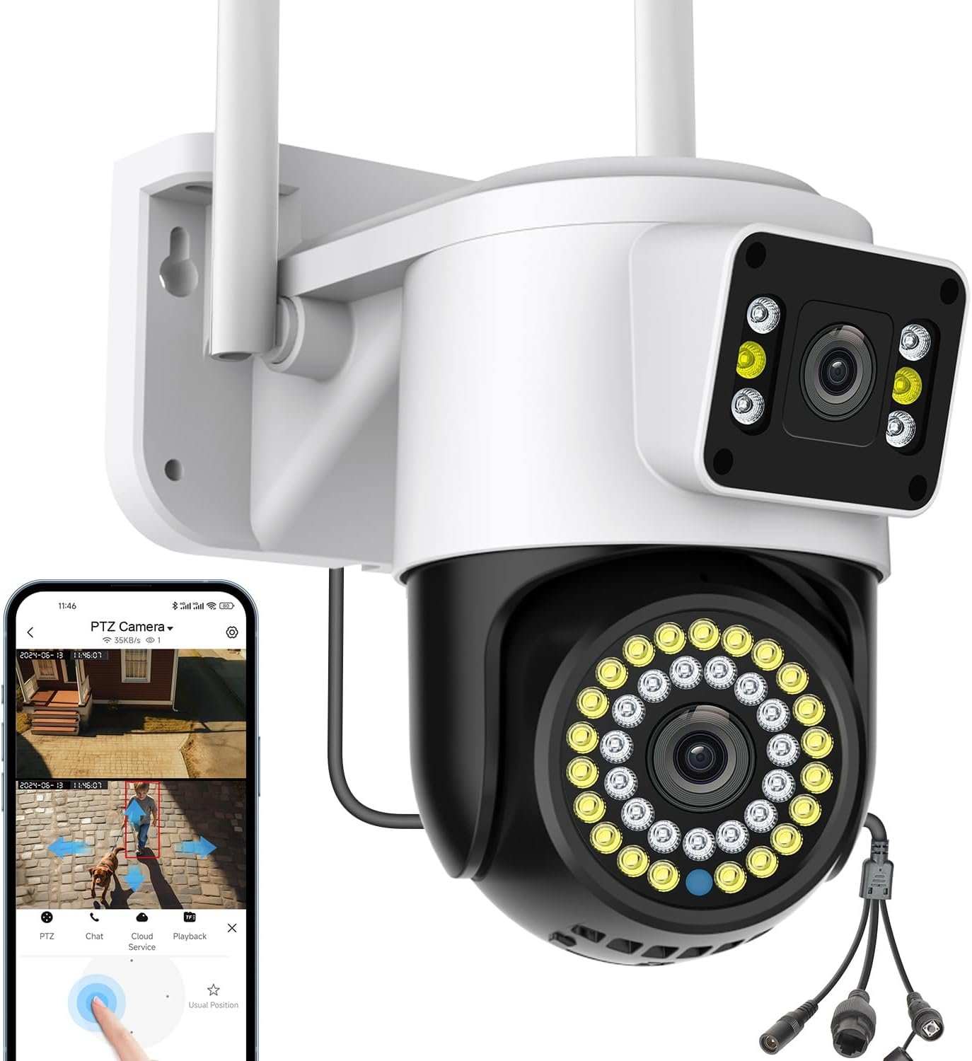 Dual Lens WiFi Outdoor Security Camera, 4MP Pan/Tilt Surveillance, Human Tracking & Detection, Color Night Vision, 355°View, SD/Cloud, 24/7 Record, 2.4G Wi-Fi, Works with Mobile Apps & PCs