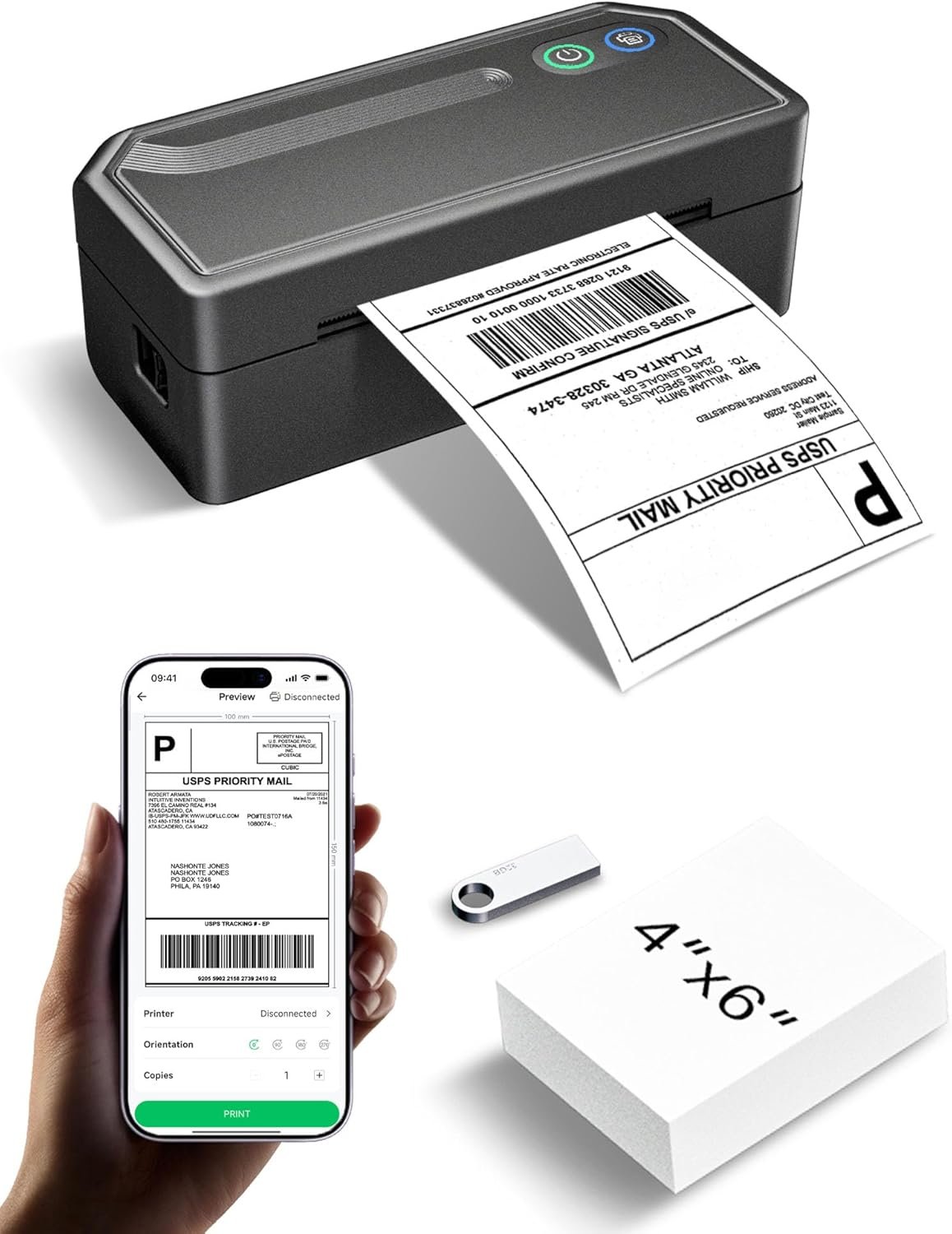 Shipping Label Printer 4×6 Bluetooth Thermal Label Printer for Small Business, Warehouse or Home Office, Compatible with Windows iOS Android Mac, USPS Amazon Etsy