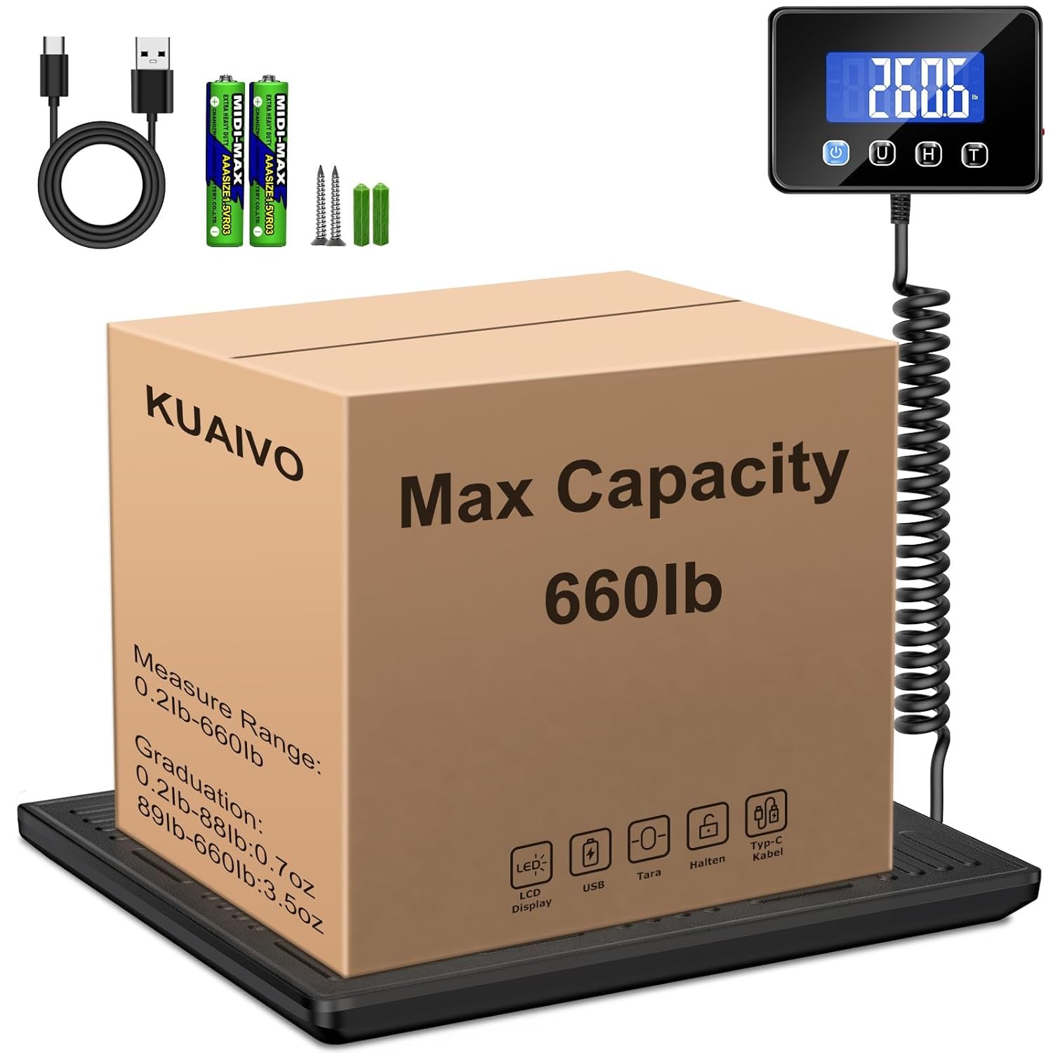 KUAIVO Shipping Scale, 660lbs Heavy Duty Digital Luggage Scale for Packages, 0.35oz High Accurate Postage Scale for Small Business, Warehouse, Home Use, Battery & Charging Cable Include
