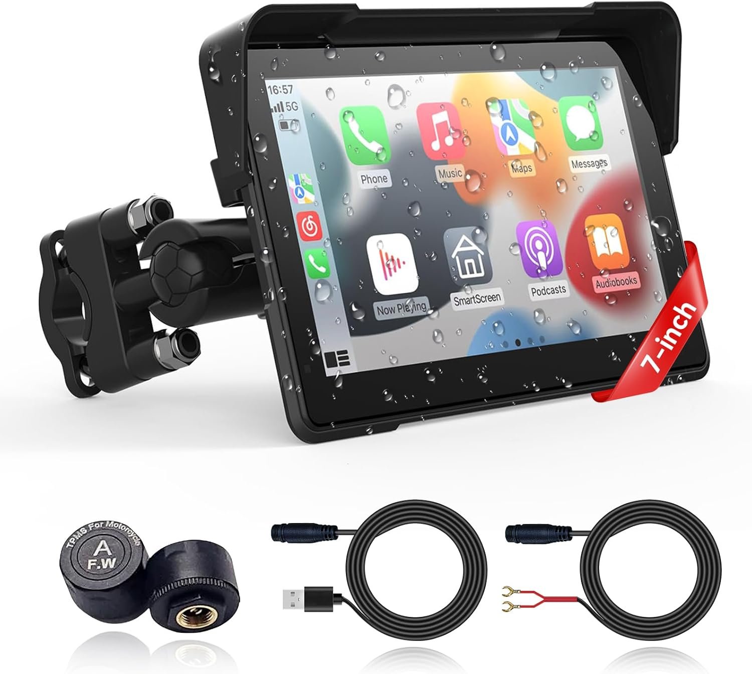 Wireless Motorcycle Apple Carplay,7 Inch Portable Motor GPS Navigation with Apple Carplay & Android Auto,Siri & Google Assistant, Anti-Glare/Bluetooth 5.2/TMPS/Voice Control/ IP69K Waterproof