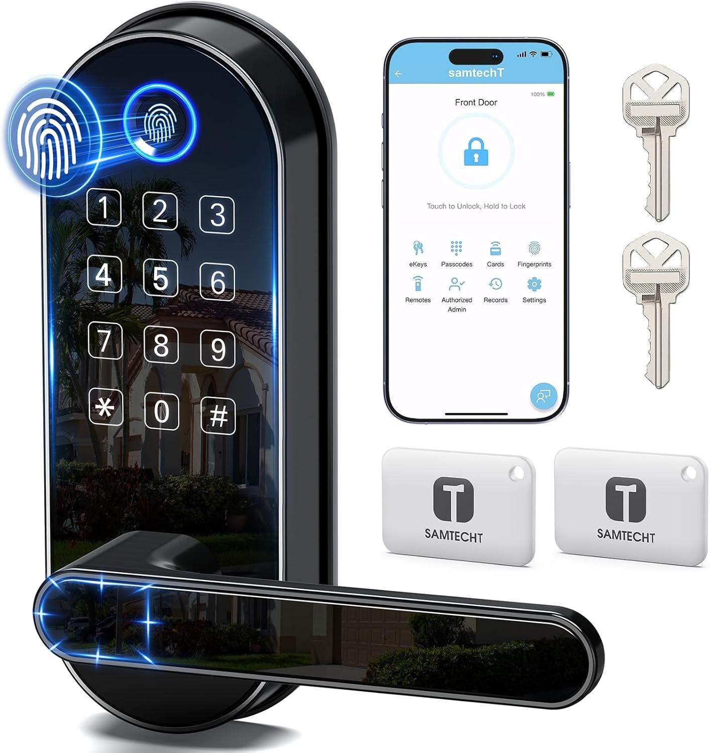 Bluetooth Fingerprint Smart Lock with Handle & Keypad – Fits Most US Doors, DIY Install, Keyless Entry: Code, FOB, Auto-Lock. Ideal for Home, Airbnb, Rental, Kids, Seniors. Alexa & Google Compatible