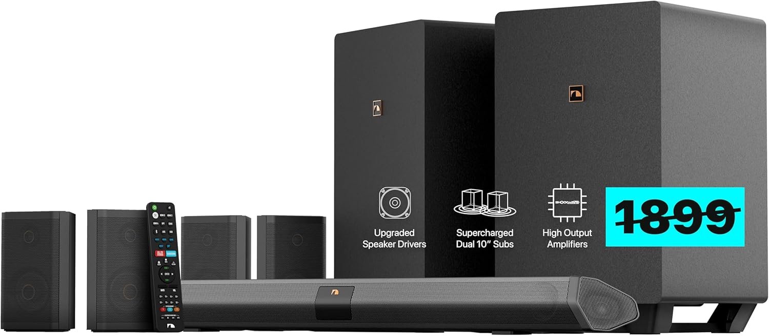 Nakamichi Shockwafe Ultra 9.2.4 Channel Soundbar System with Dolby Atmos/DTS:X, Dual 10″ Subwoofers, 4 Rear Surround Speakers, 1300 Watts Max Output Power