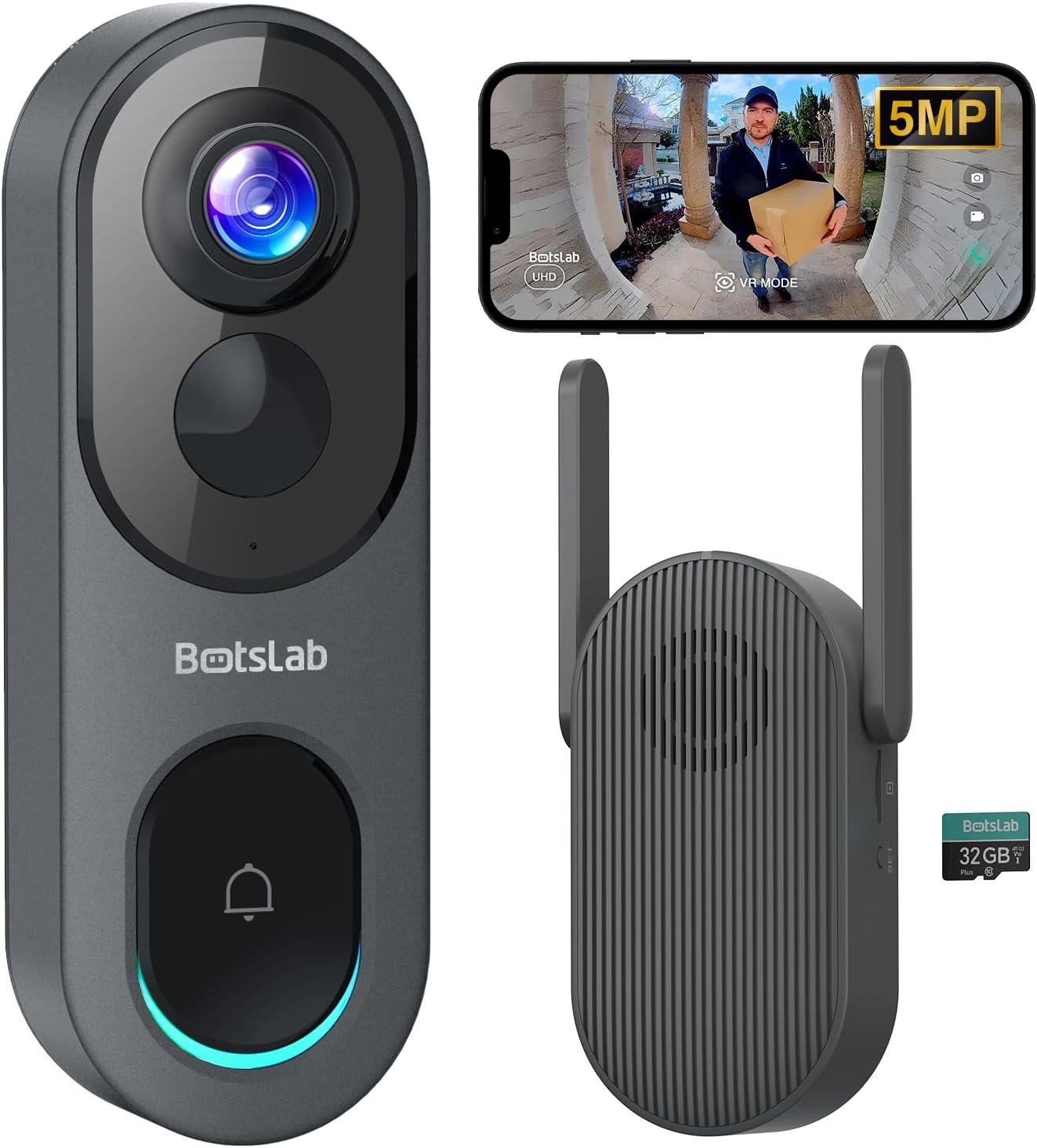 BOTSLAB 5MP Wireless Video Doorbell Camera,180° Head-to-Toe View, AI Motion Detection, VR Mode, Battery or Wired Powered, Easy Installation, Weatherproof, No Monthly Fee, 2.4GHz WiFi