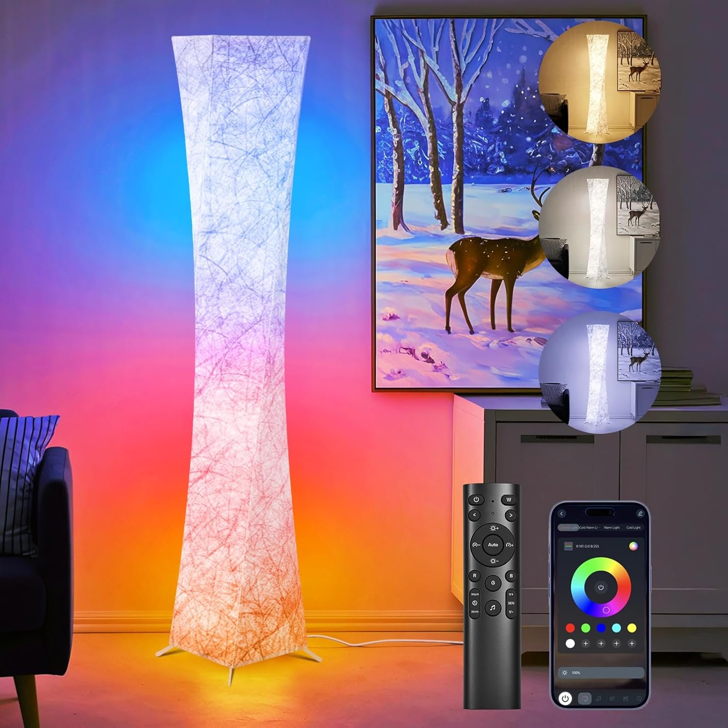 WORLD WIN Floor Lamp, 61” Smart RGB LED Corner Lamp with Music Sync and 16 Million DIY Colors, 3 Color Temperature, APP & Remote Control, Color Changing Standing Floor Lamp for Bedroom Living Room